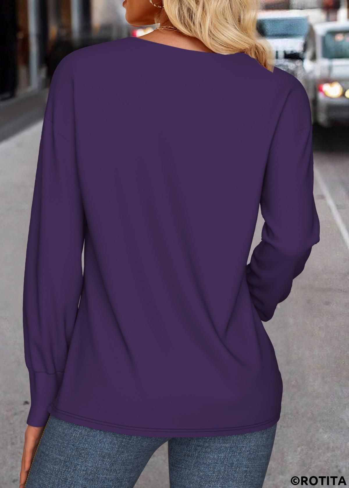 Purple tops,Plain Color tops,ROTITA Button Purple V Neck Long Sleeve Sweatshirt
