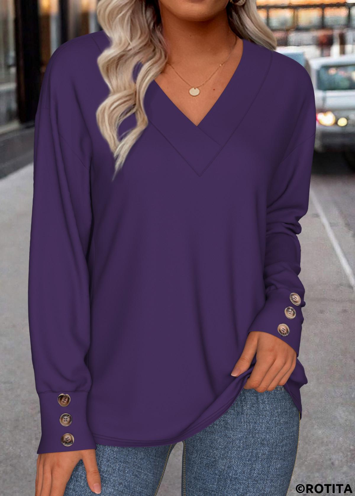 Purple tops,Plain Color tops,ROTITA Button Purple V Neck Long Sleeve Sweatshirt
