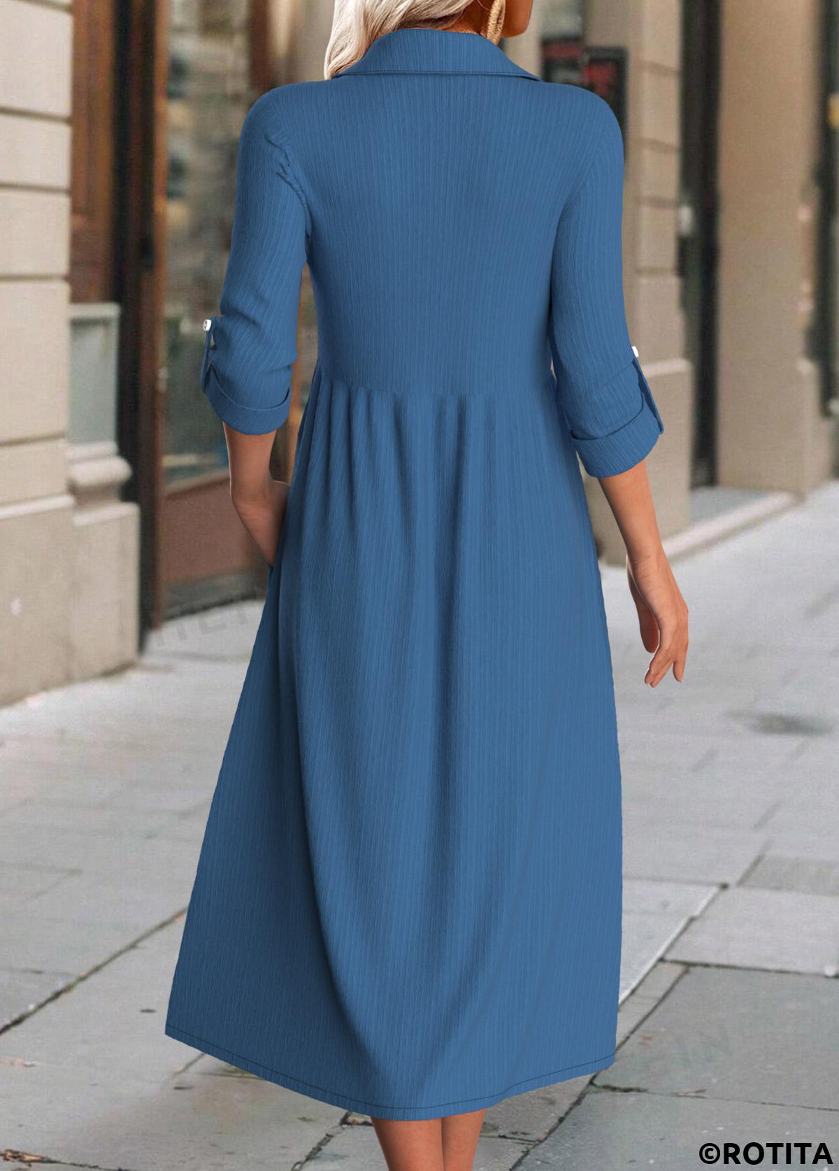 Rotita-Knopf-Jeansblaues Hemdkragen-Langarmkleid