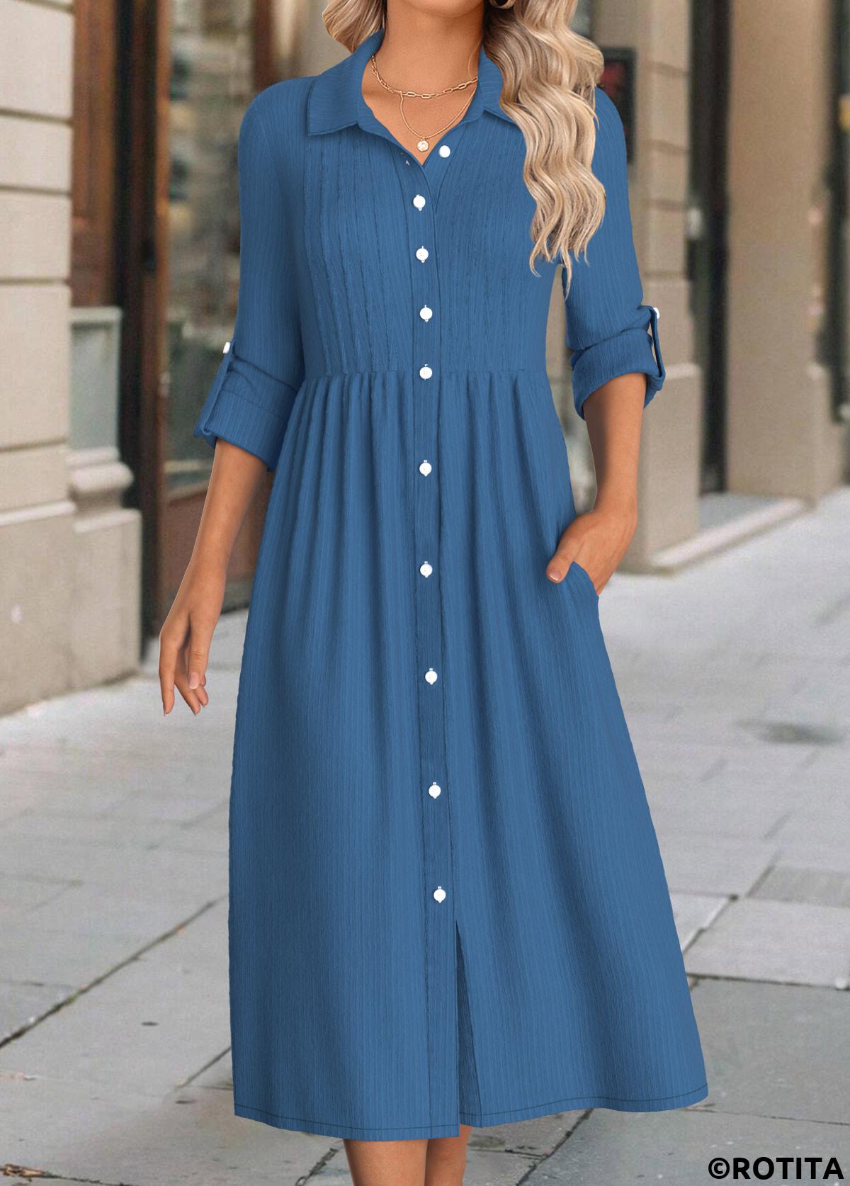 Rotita-Knopf-Jeansblaues Hemdkragen-Langarmkleid