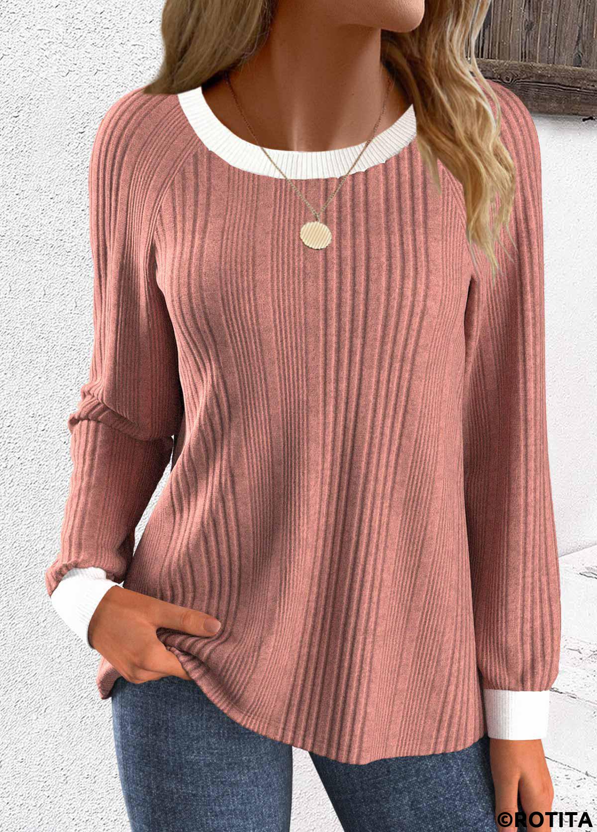 Dusty Pink tops,Plain Color tops,ROTITA Patchwork Dusty Pink Round Neck Long Sleeve Sweatshirt
