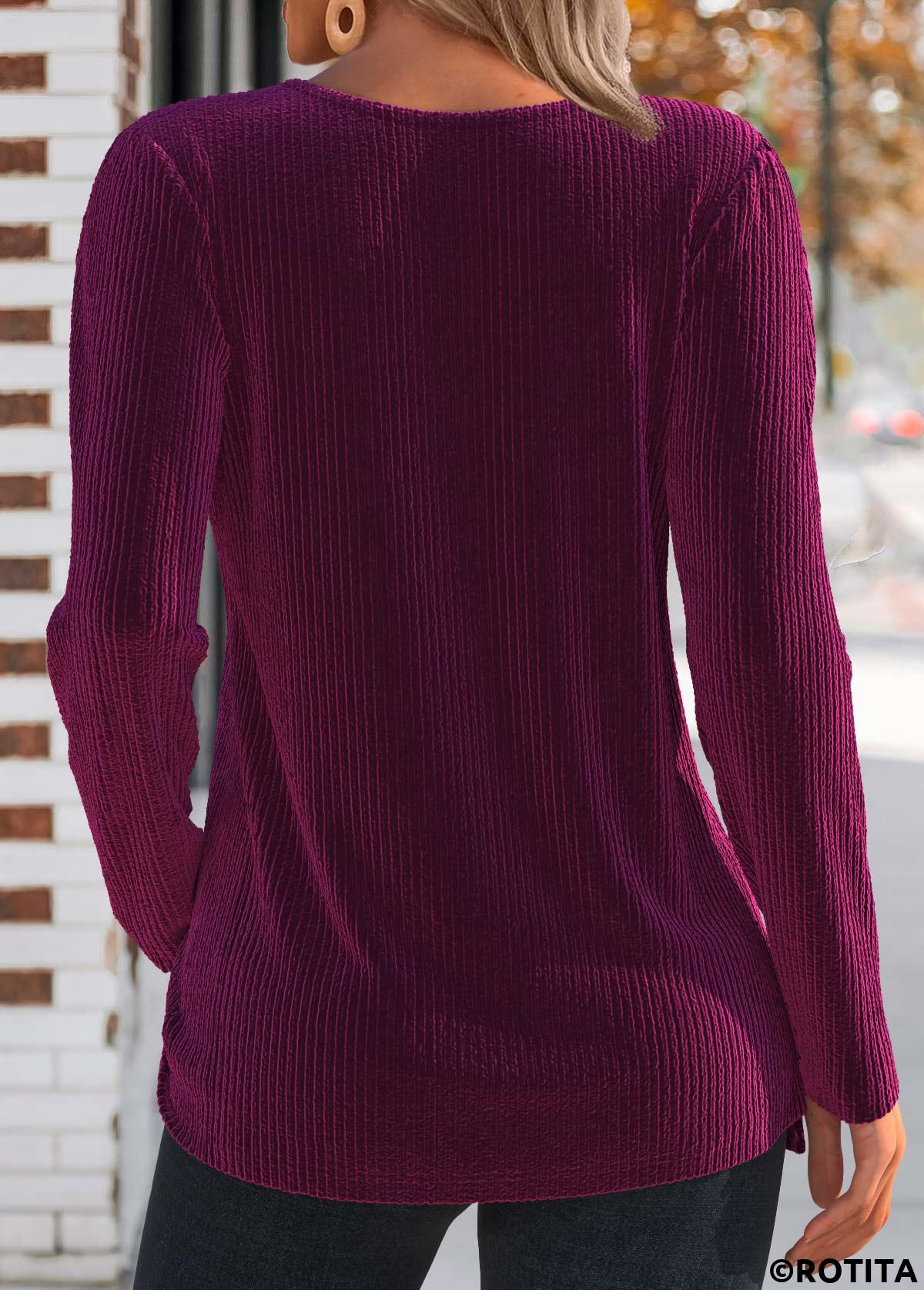 T-shirt à col rond violet rouge foncé avec coutures cousues Rotita