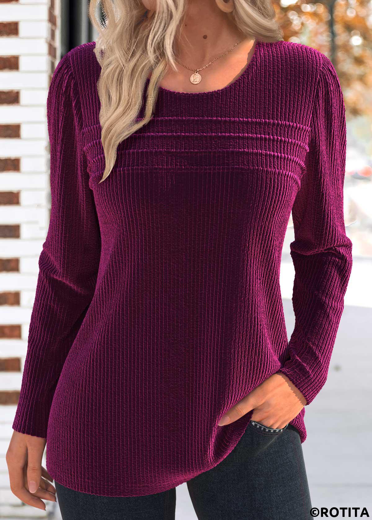 T-shirt à col rond violet rouge foncé avec coutures cousues Rotita