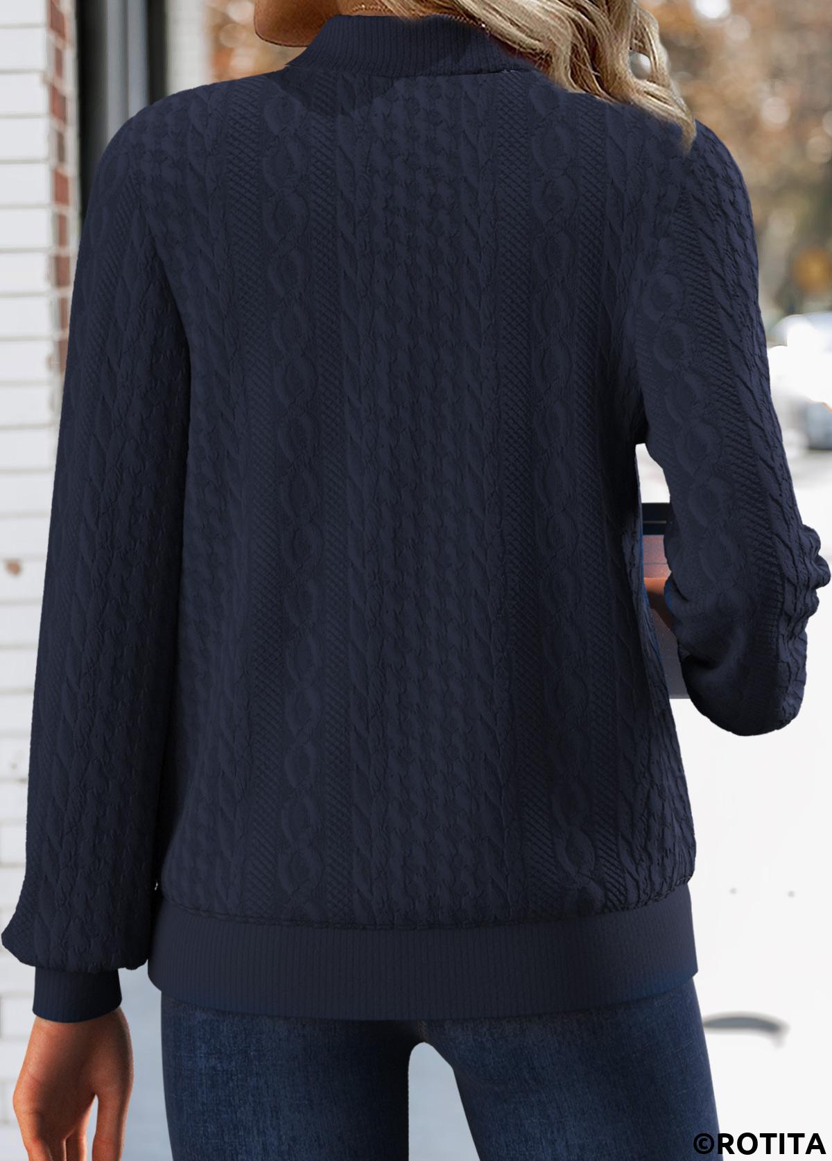 Navy tops,Plain Color tops,ROTITA Jacquard Navy Stand Collar Long Sleeve Track Jacket