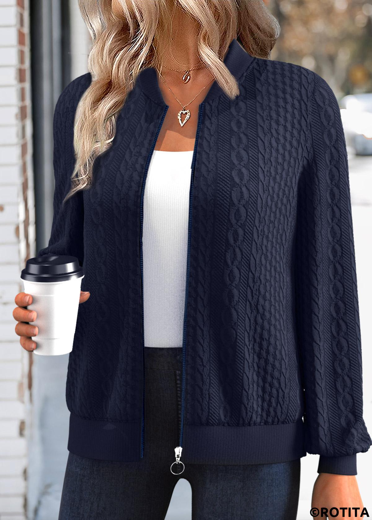 Navy tops,Plain Color tops,ROTITA Jacquard Navy Stand Collar Long Sleeve Track Jacket