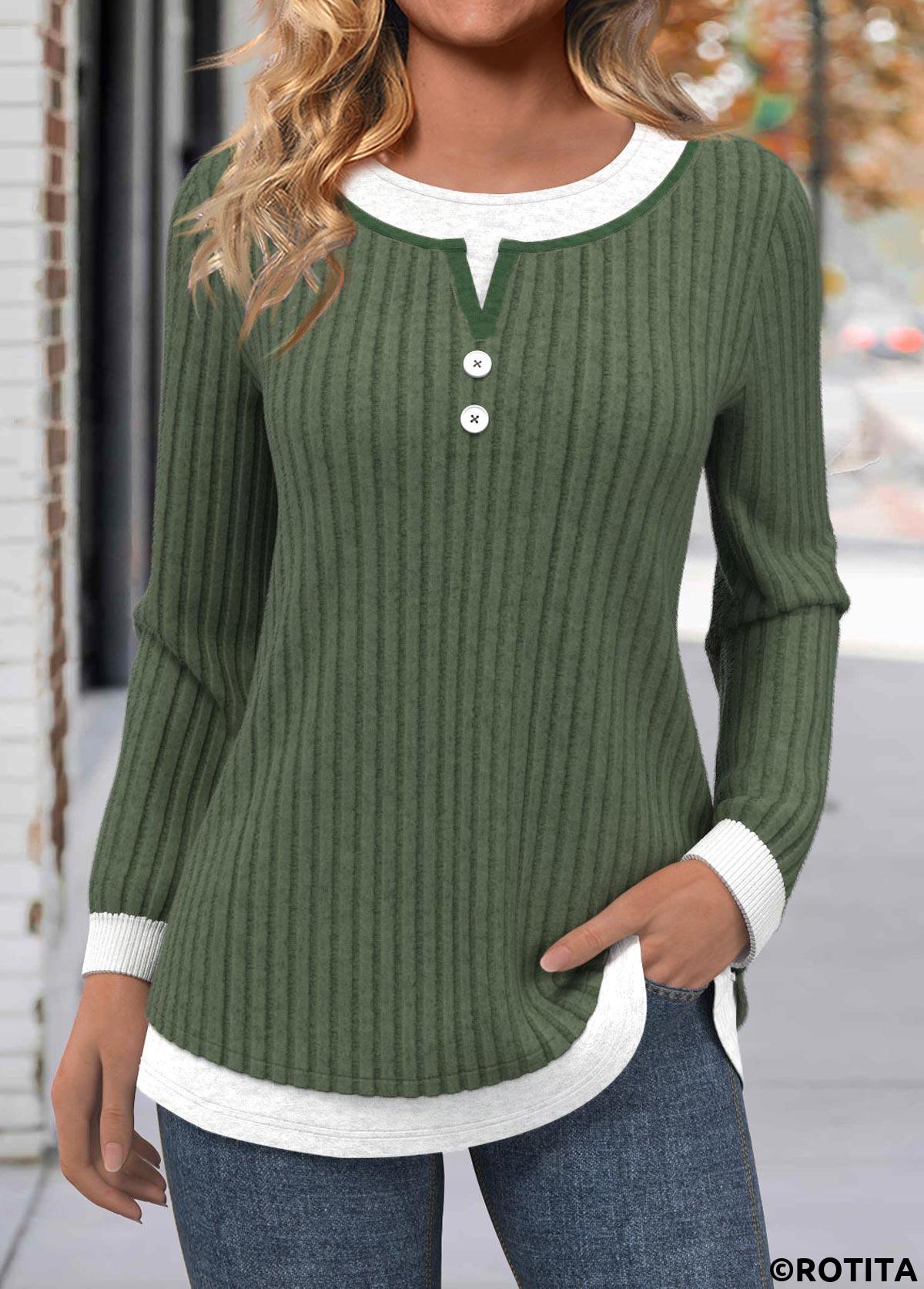 Olive Green tops,Plain Color tops,ROTITA Button Olive Green Round Neck Long Sleeve T Shirt