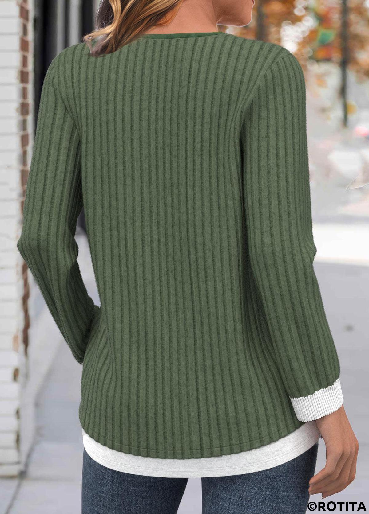 Olive Green tops,Plain Color tops,ROTITA Button Olive Green Round Neck Long Sleeve T Shirt