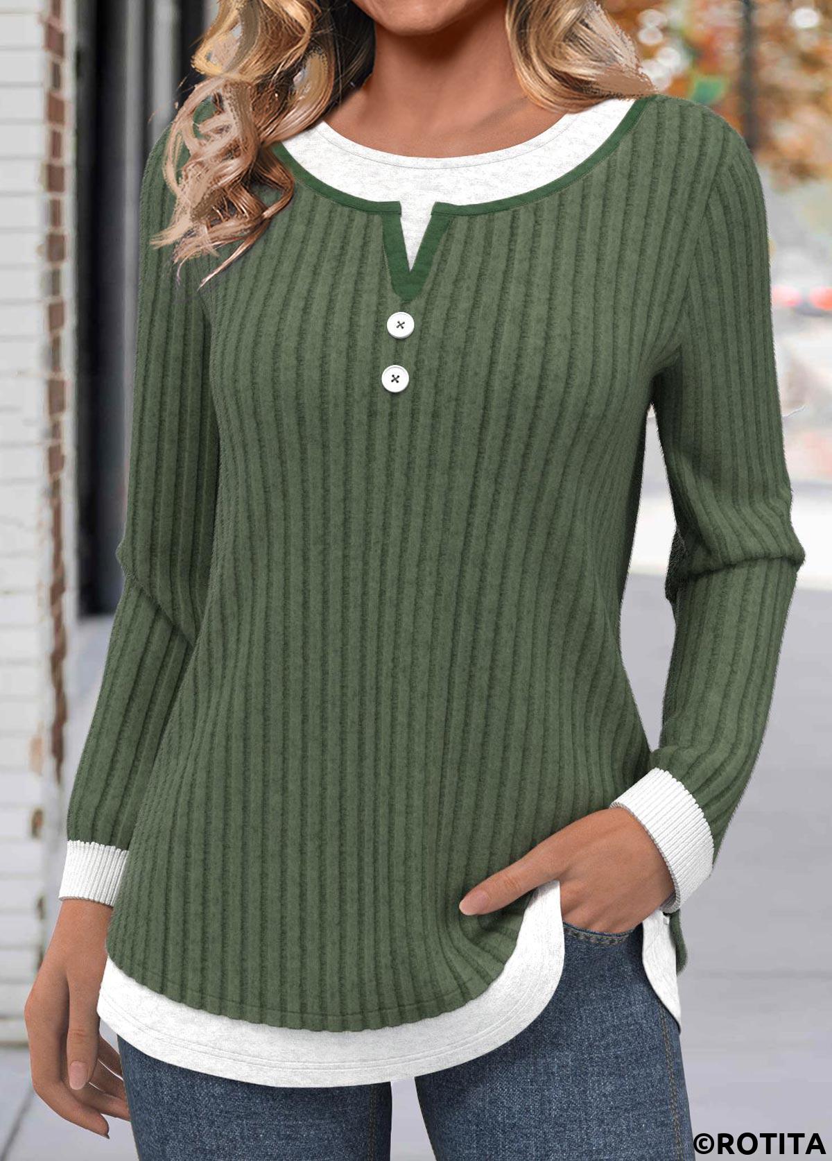Olive Green tops,Plain Color tops,ROTITA Button Olive Green Round Neck Long Sleeve T Shirt