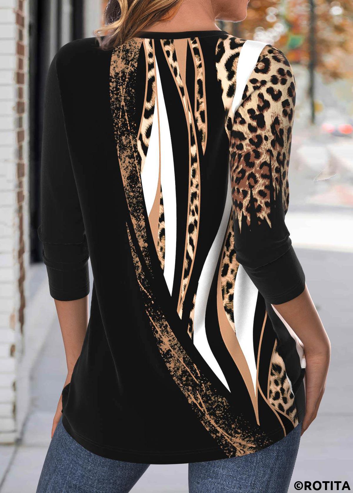 Black tops,Leopard tops,ROTITA Criss Cross Leopard Black V Neck T Shirt