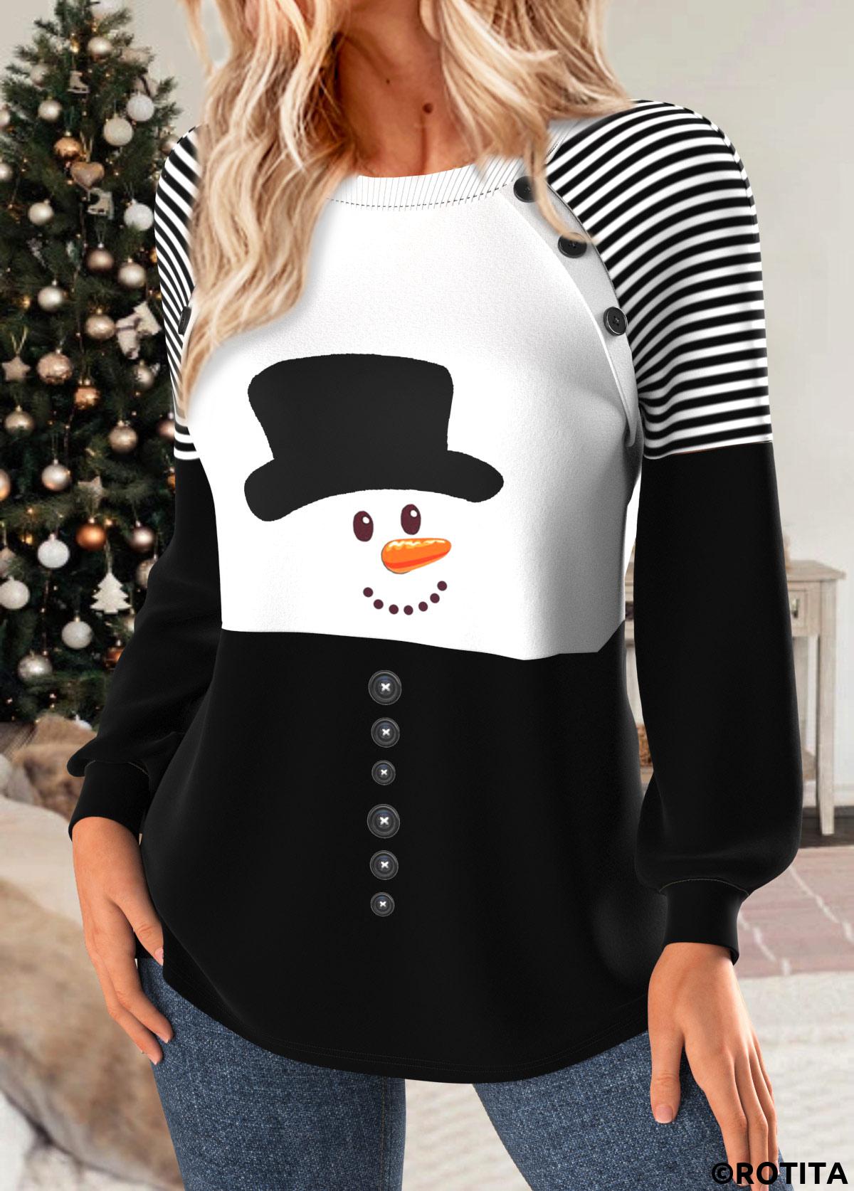 Black tops,Christmas tops,Geometric tops,ROTITA Christmas Patchwork Snowman Print Black Round Neck Sweatshirt