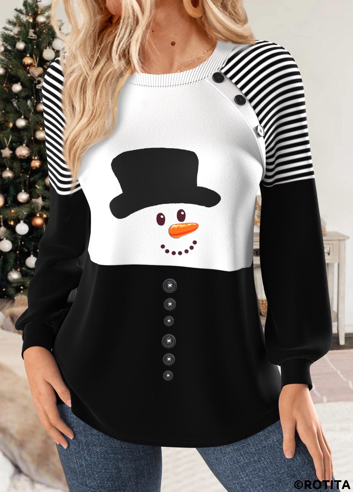 Black tops,Christmas tops,Geometric tops,ROTITA Christmas Patchwork Snowman Print Black Round Neck Sweatshirt