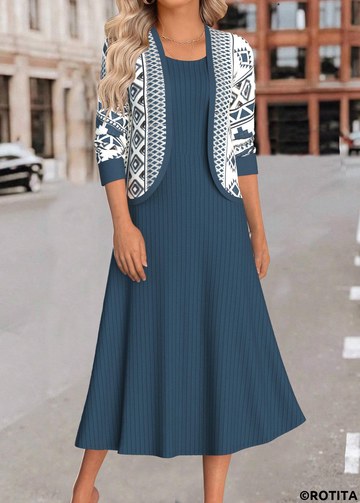 Peacock Blue dresses,Geometric dresses,Tribal dresses,Everyday dresses,Casual dresses,ROTITA Two Piece Geometric Print Peacock Blue Dress and Cardigan