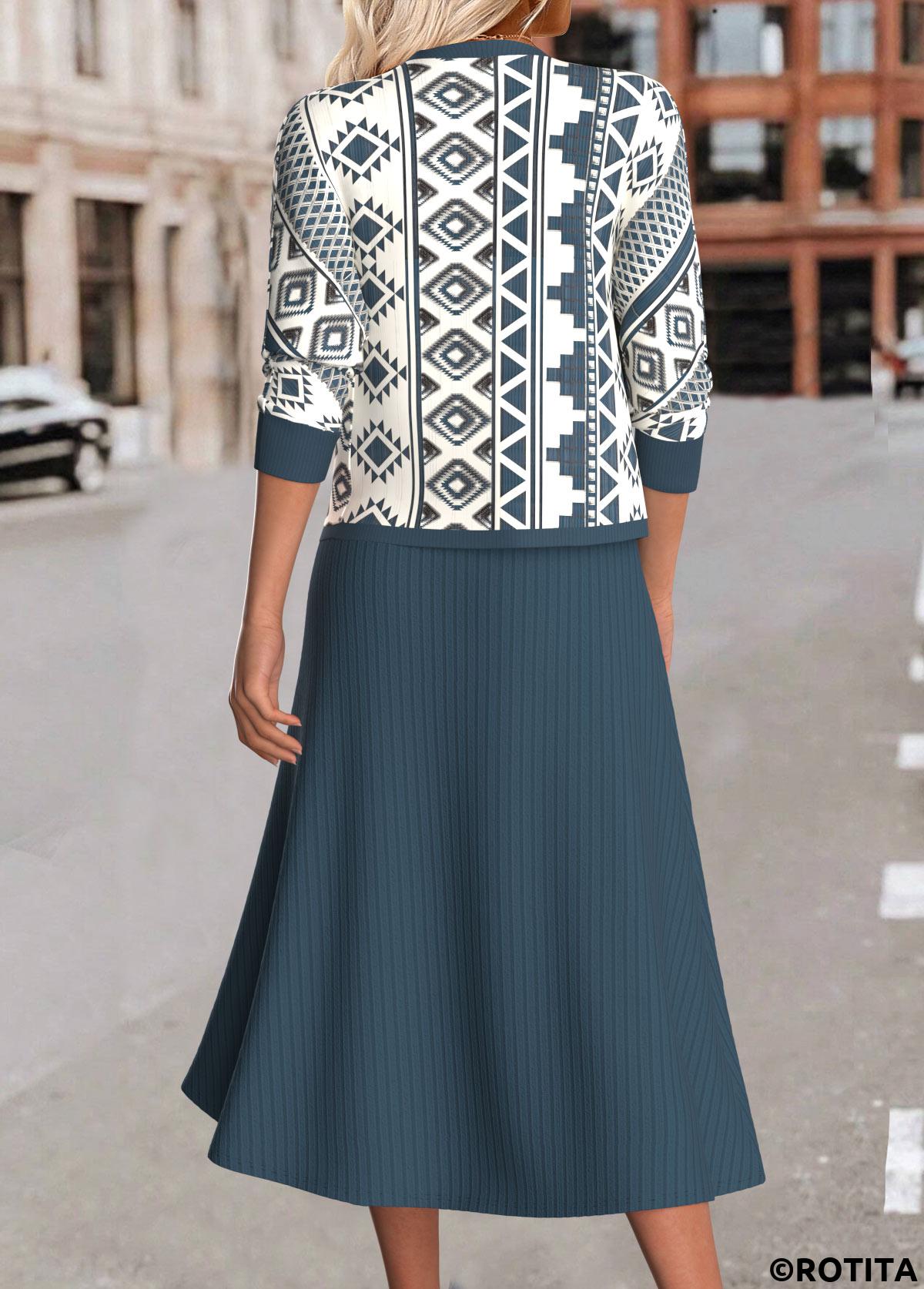 Peacock Blue dresses,Geometric dresses,Tribal dresses,Everyday dresses,Casual dresses,ROTITA Two Piece Geometric Print Peacock Blue Dress and Cardigan