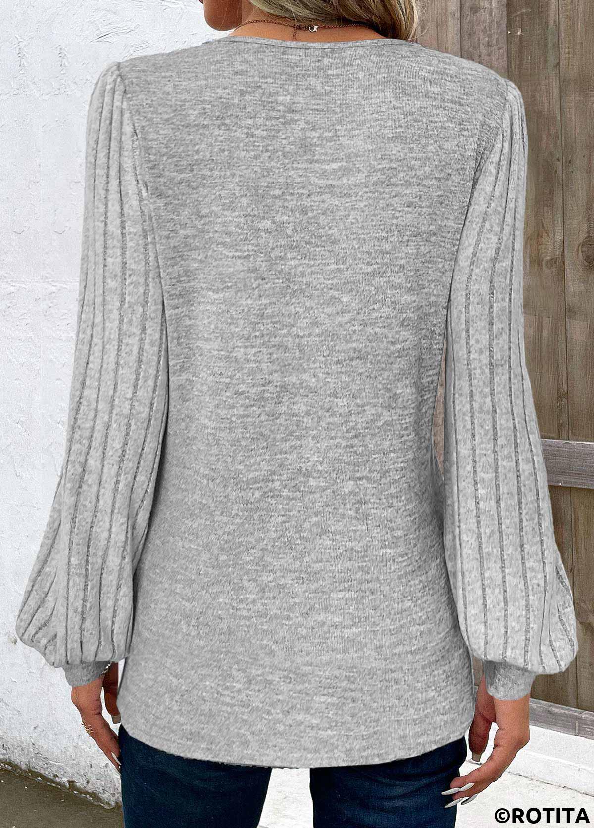 Light Grey tops,Plain Color tops,ROTITA Patchwork Light Grey V Neck Long Sleeve T Shirt
