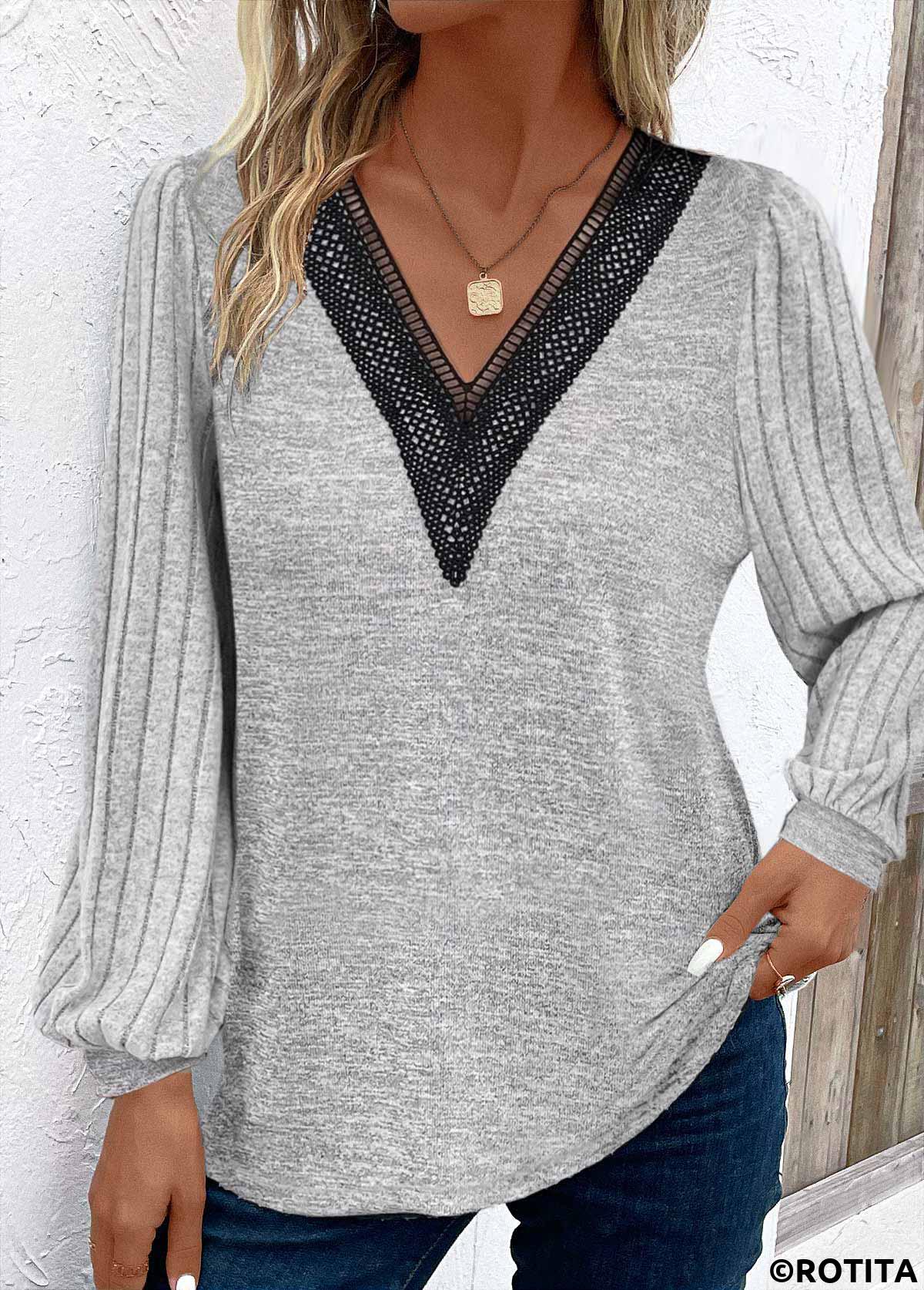 Light Grey tops,Plain Color tops,ROTITA Patchwork Light Grey V Neck Long Sleeve T Shirt