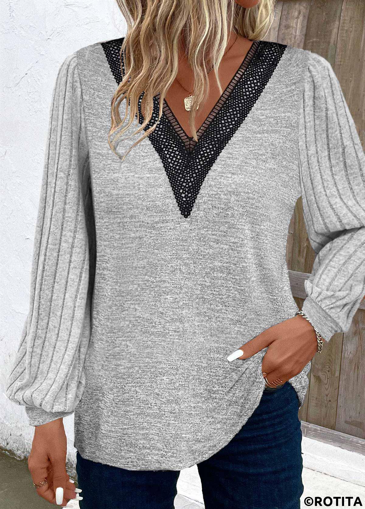 Light Grey tops,Plain Color tops,ROTITA Patchwork Light Grey V Neck Long Sleeve T Shirt
