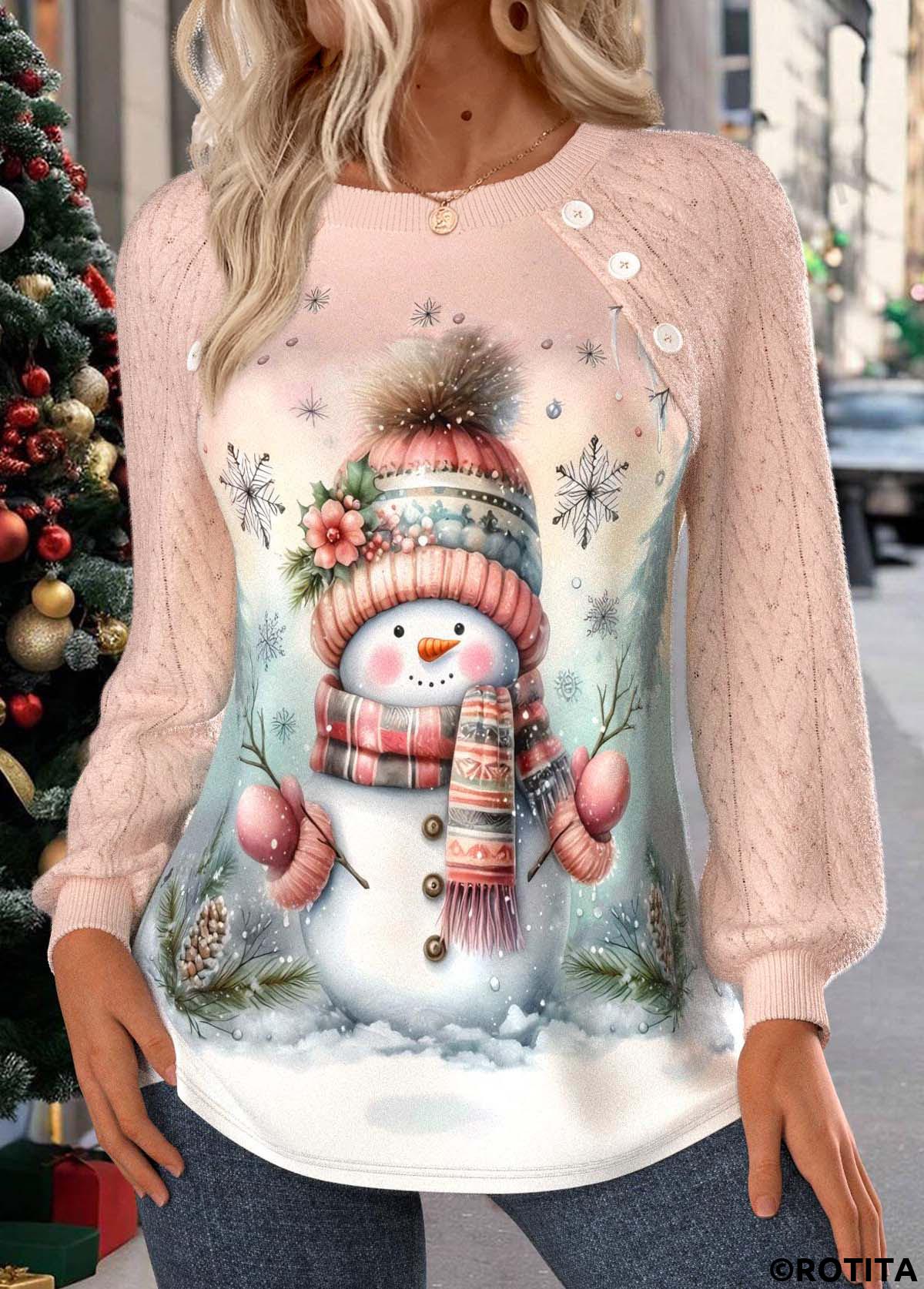 Light Pink tops,Christmas tops,Plants tops,ROTITA Christmas Patchwork Snowman Print Light Pink Round Neck Sweatshirt