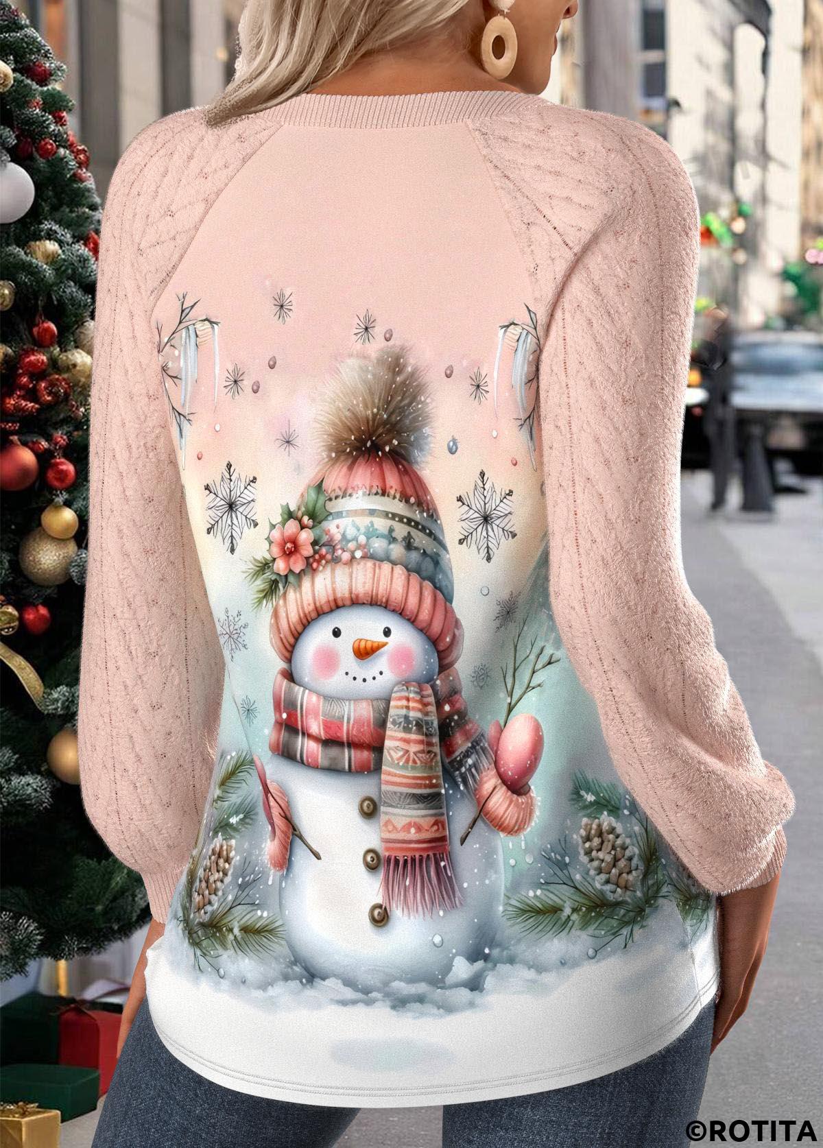 Light Pink tops,Christmas tops,Plants tops,ROTITA Christmas Patchwork Snowman Print Light Pink Round Neck Sweatshirt