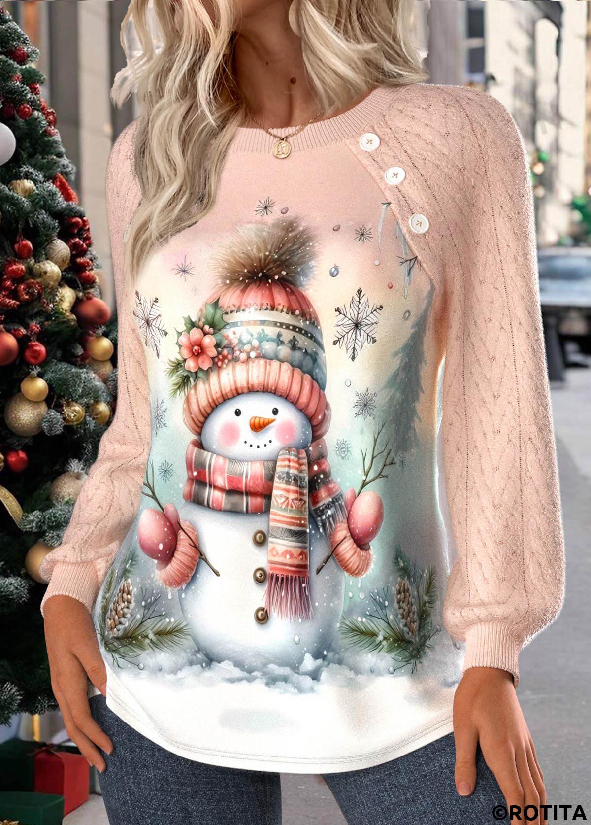 Light Pink tops,Christmas tops,Plants tops,ROTITA Christmas Patchwork Snowman Print Light Pink Round Neck Sweatshirt