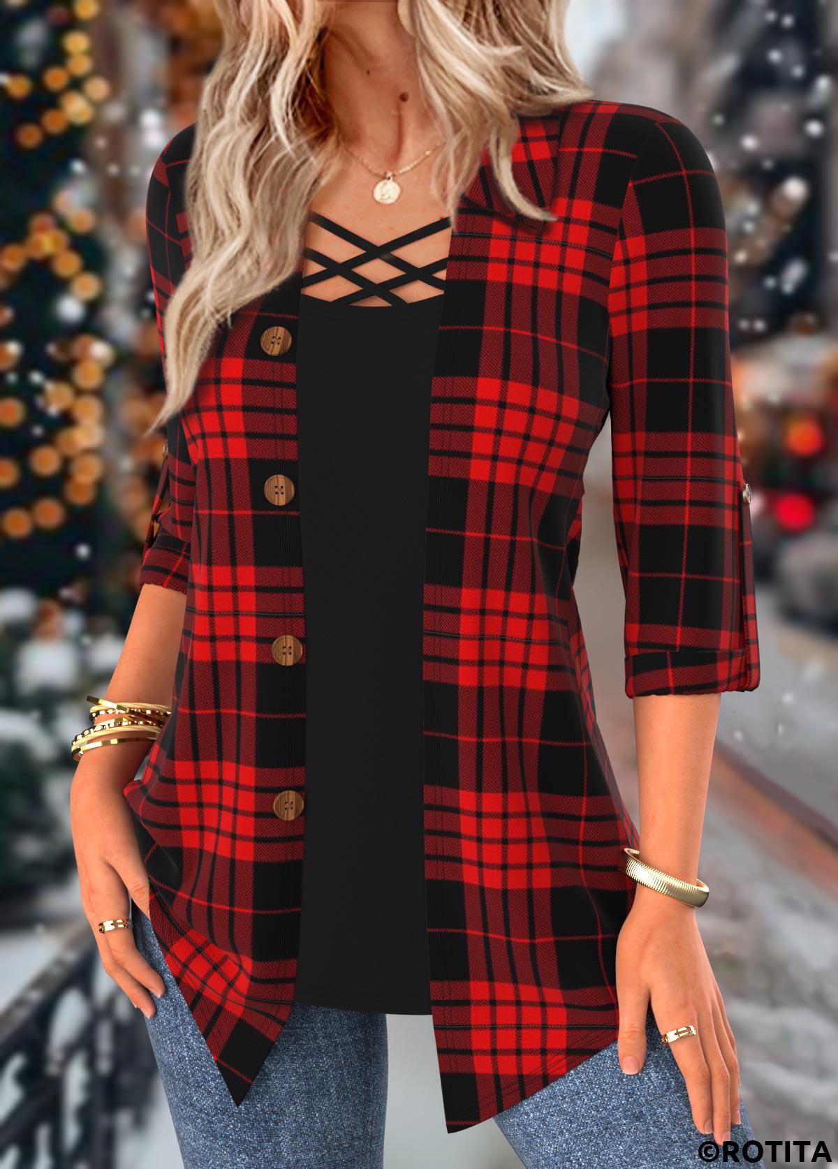 rotita criss cross plaid rouge faux deux pièces twinset