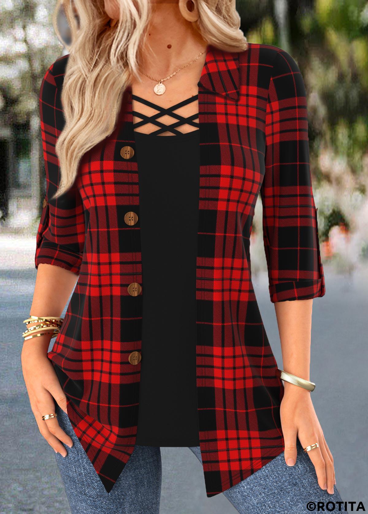 Red tops,Plaid tops,ROTITA Criss Cross Plaid Red Fake Two Piece Twinset