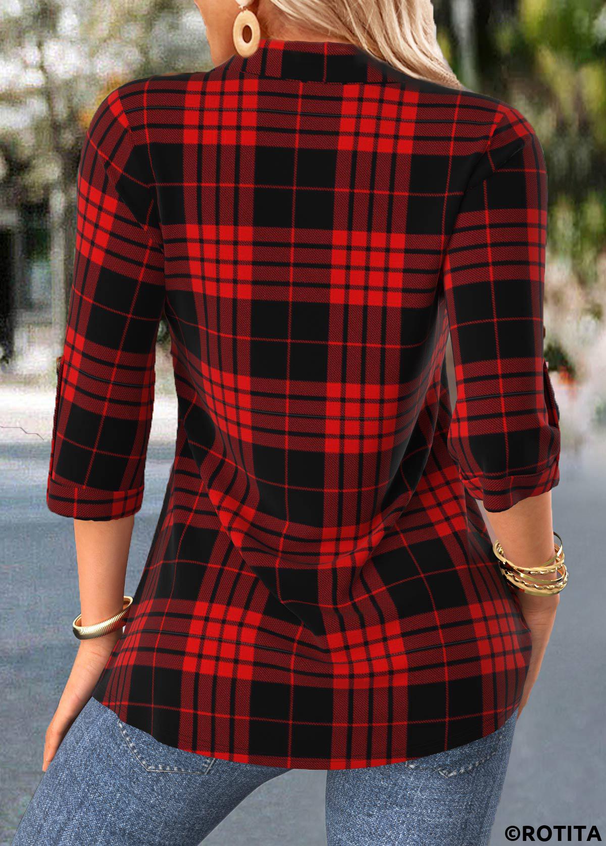 Red tops,Plaid tops,ROTITA Criss Cross Plaid Red Fake Two Piece Twinset