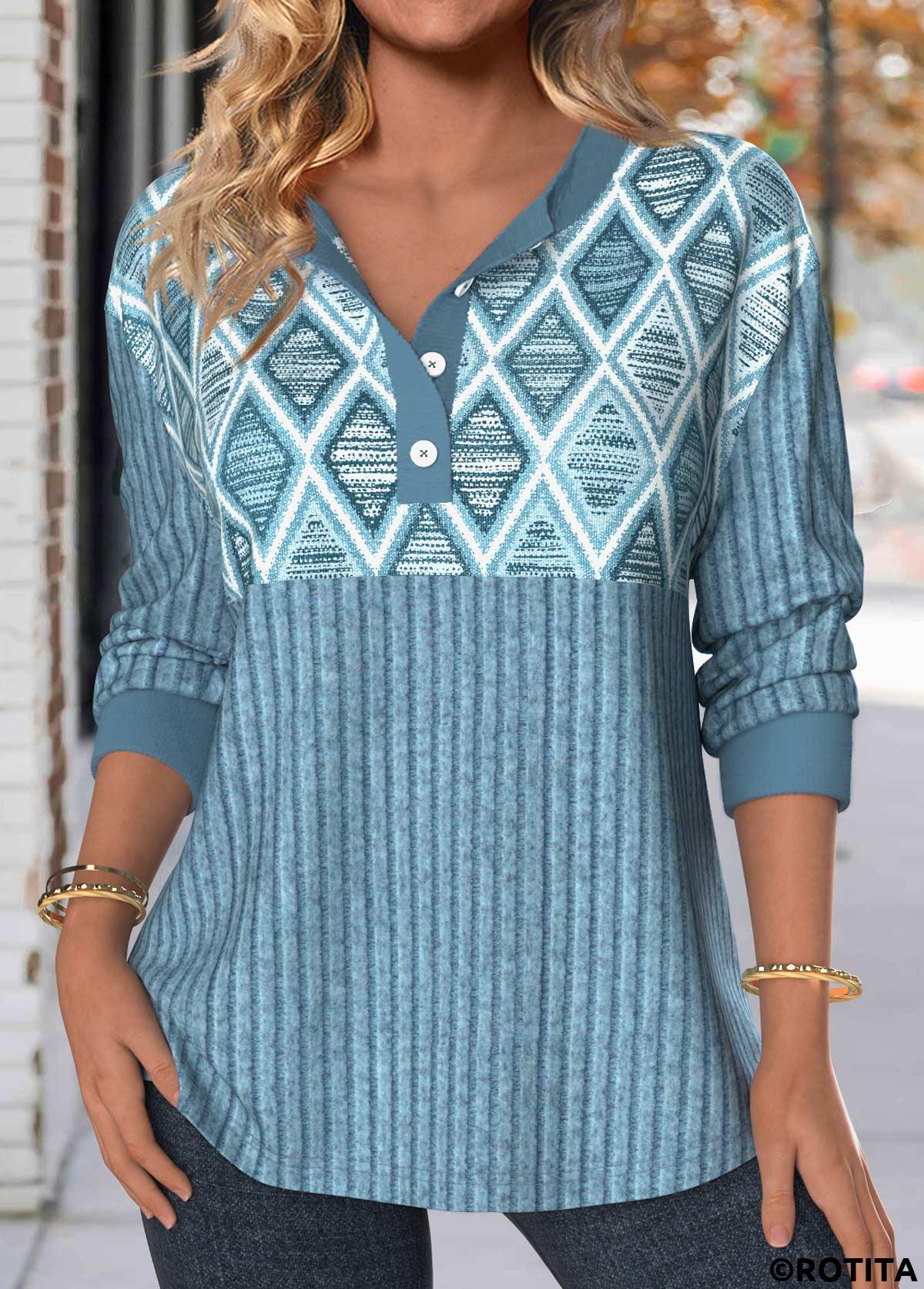 Dusty Blue tops,Geometric tops,ROTITA Button Geometric Print Dusty Blue Split Neck Sweatshirt
