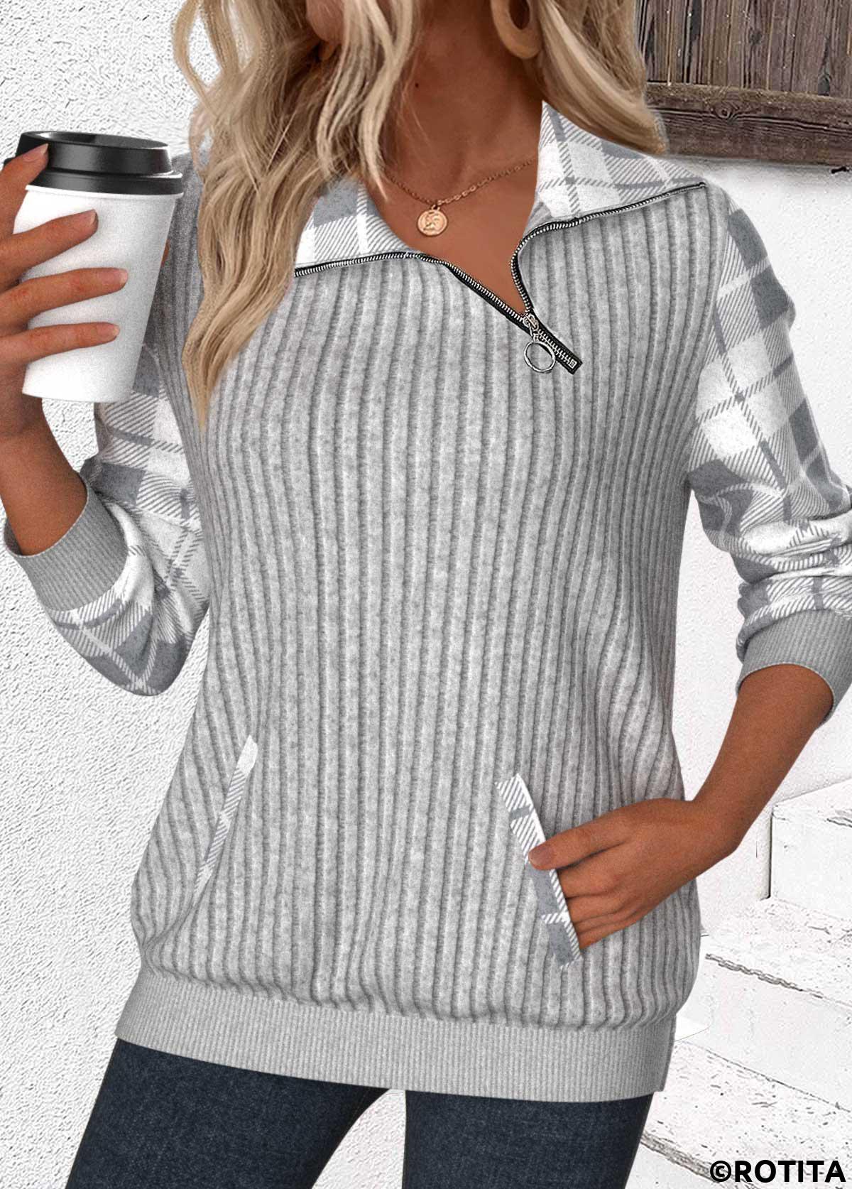 Light Grey tops,Geometric tops,Plaid tops,ROTITA Patchwork Plaid Light Grey Asymmetrical Neck Long Sleeve Sweatshirt