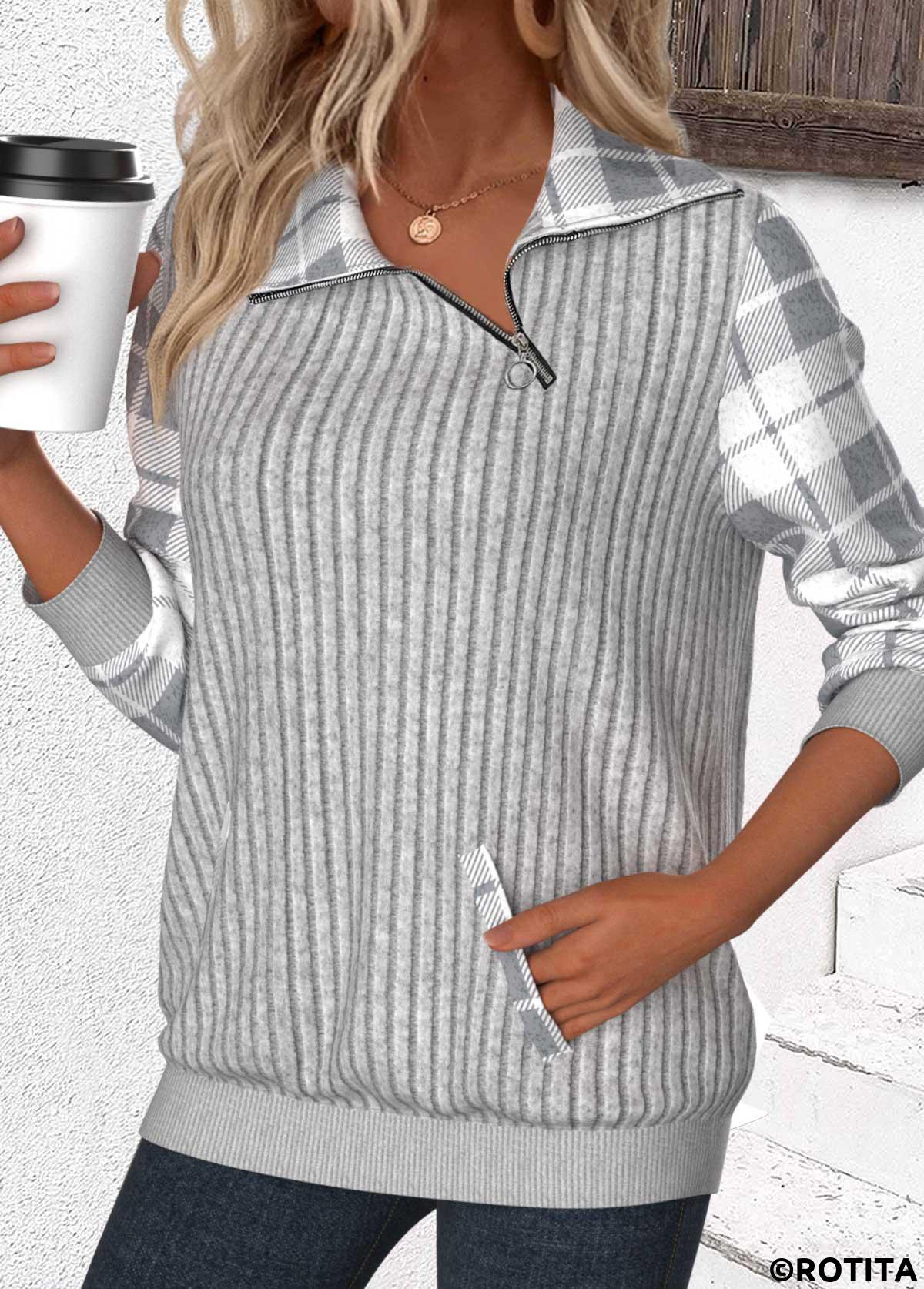 Light Grey tops,Geometric tops,Plaid tops,ROTITA Patchwork Plaid Light Grey Asymmetrical Neck Long Sleeve Sweatshirt