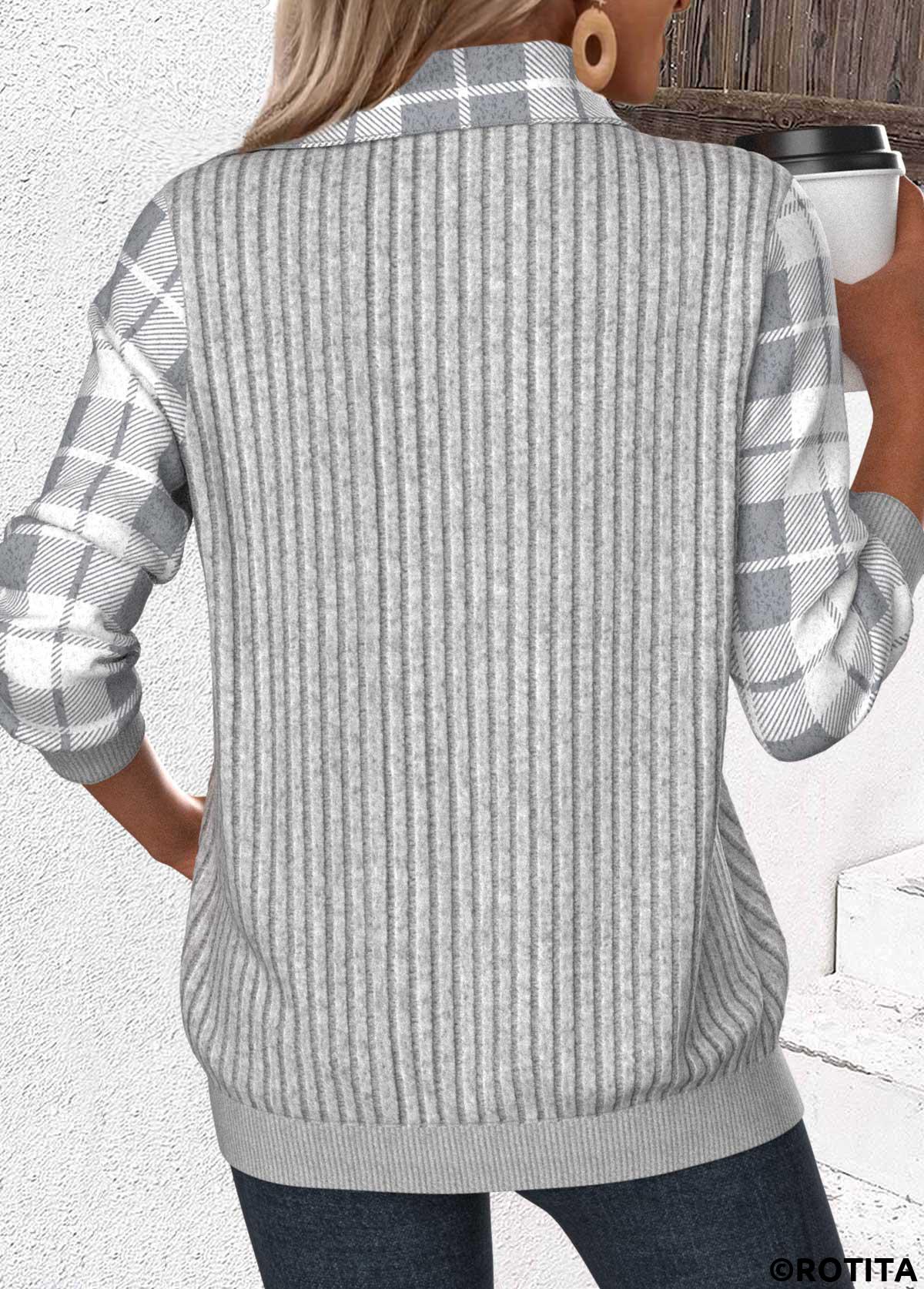 Light Grey tops,Geometric tops,Plaid tops,ROTITA Patchwork Plaid Light Grey Asymmetrical Neck Long Sleeve Sweatshirt