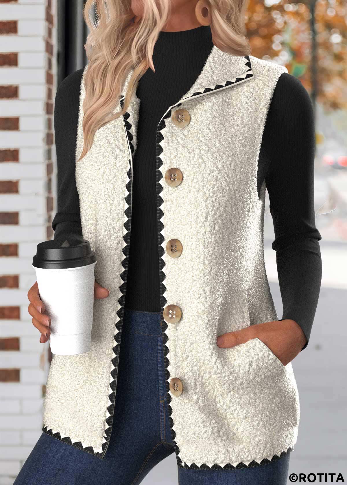 White plus size,Plain Color plus size,ROTITA Plus Size Button White Stand Collar Sleeveless Waistcoat