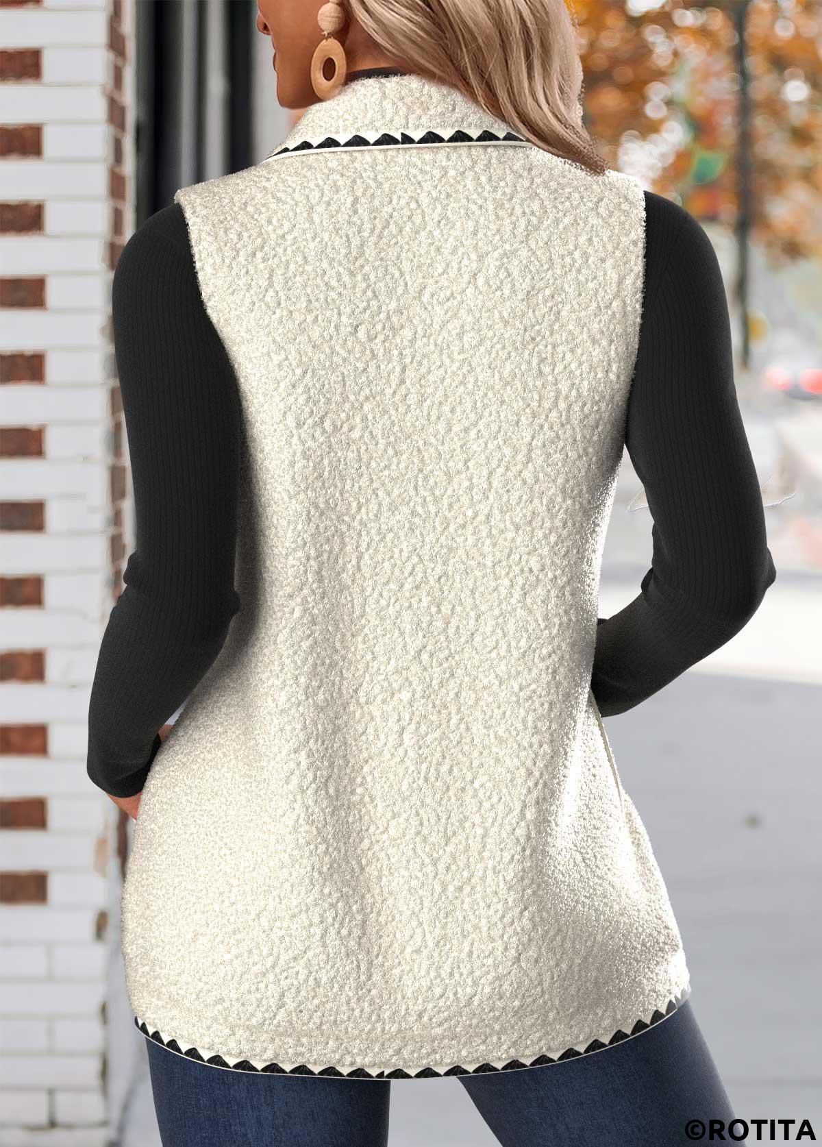 White plus size,Plain Color plus size,ROTITA Plus Size Button White Stand Collar Sleeveless Waistcoat