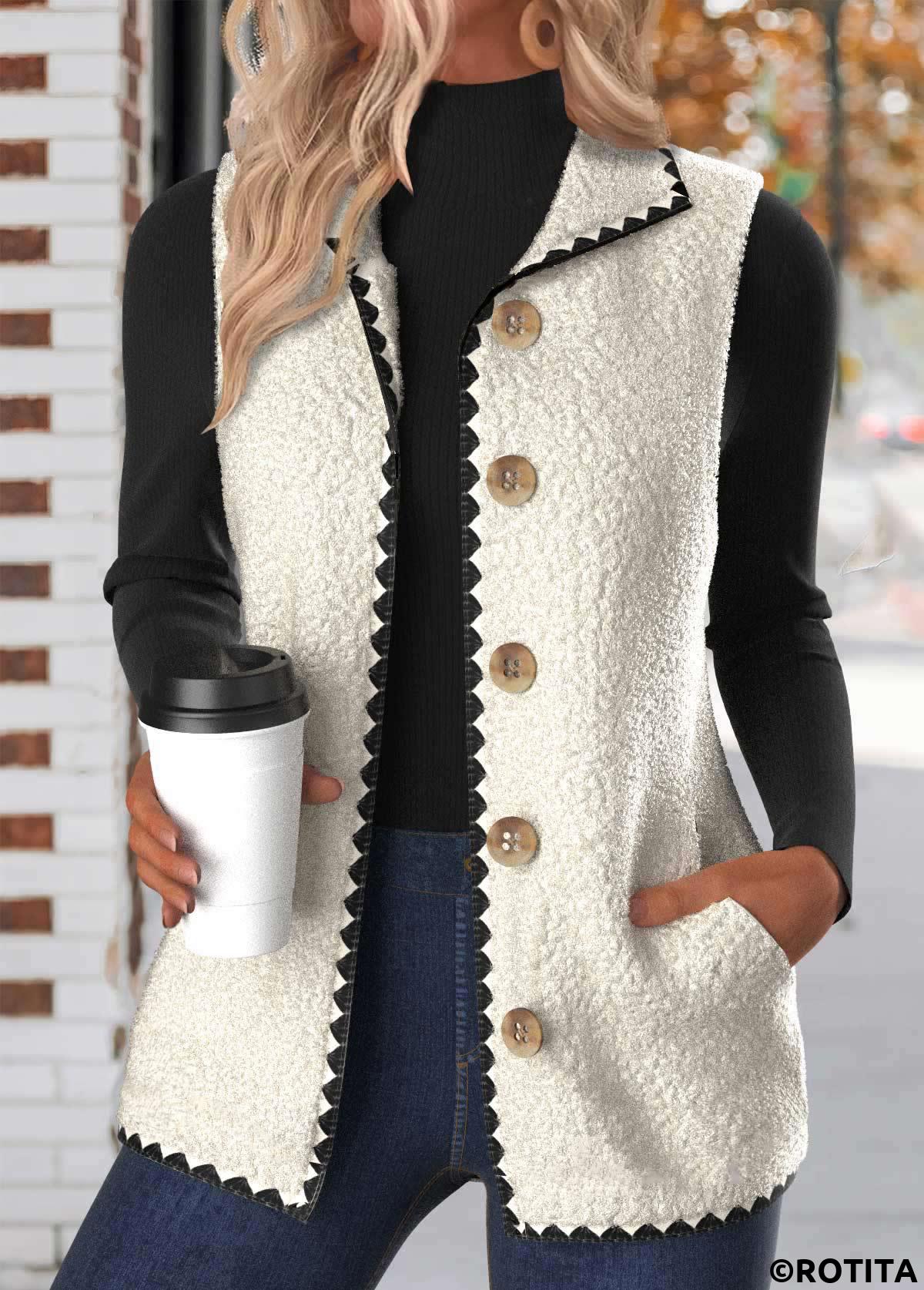 White plus size,Plain Color plus size,ROTITA Plus Size Button White Stand Collar Sleeveless Waistcoat