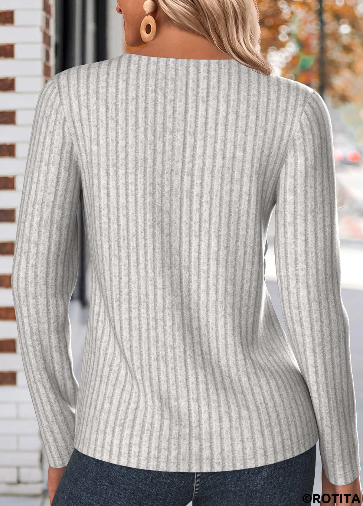 Rotita Button hellgraues Langarm-T-Shirt mit V-Ausschnitt