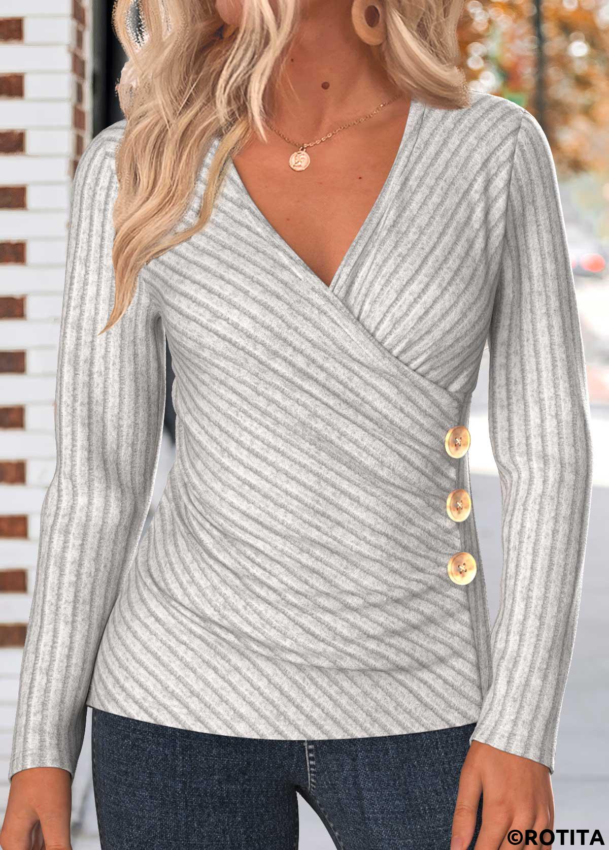 Rotita Button hellgraues Langarm-T-Shirt mit V-Ausschnitt