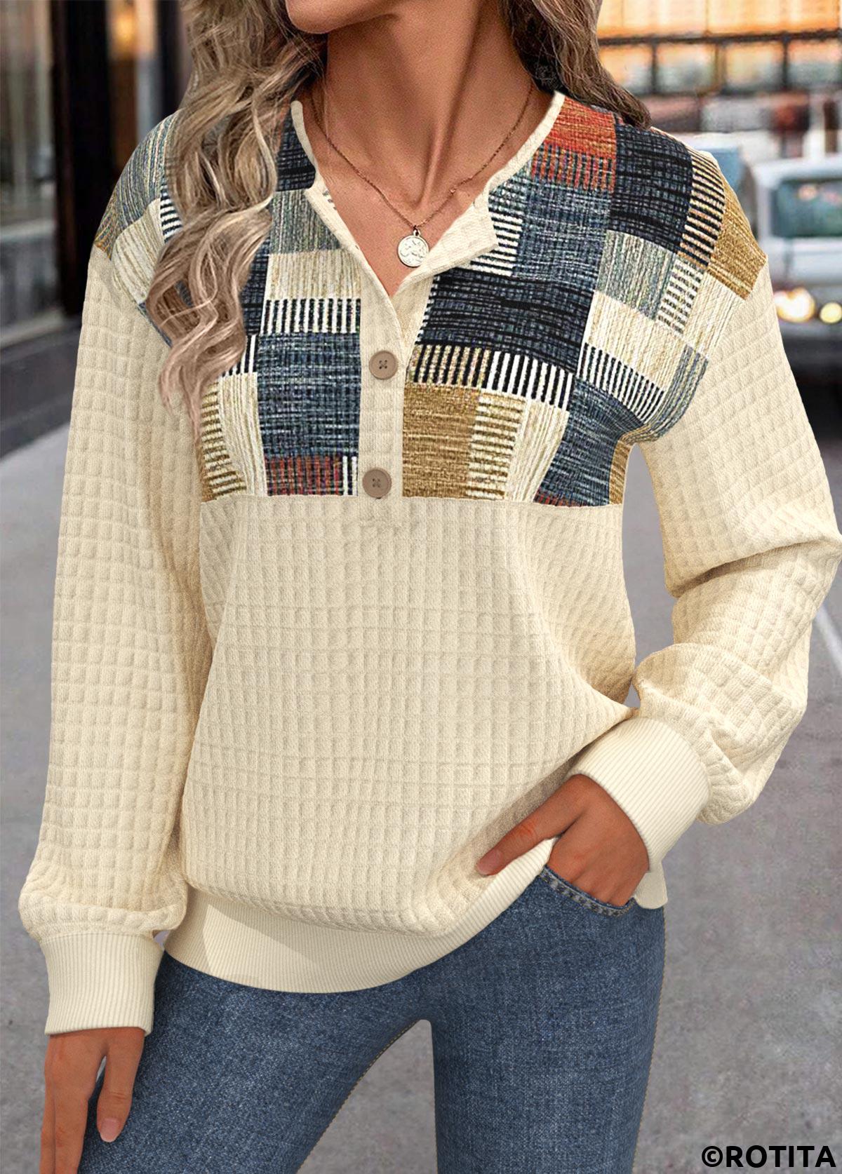 Light Yellow plus size,Geometric plus size,ROTITA Plus Size Button Light Yellow Geometric Print Sweatshirt