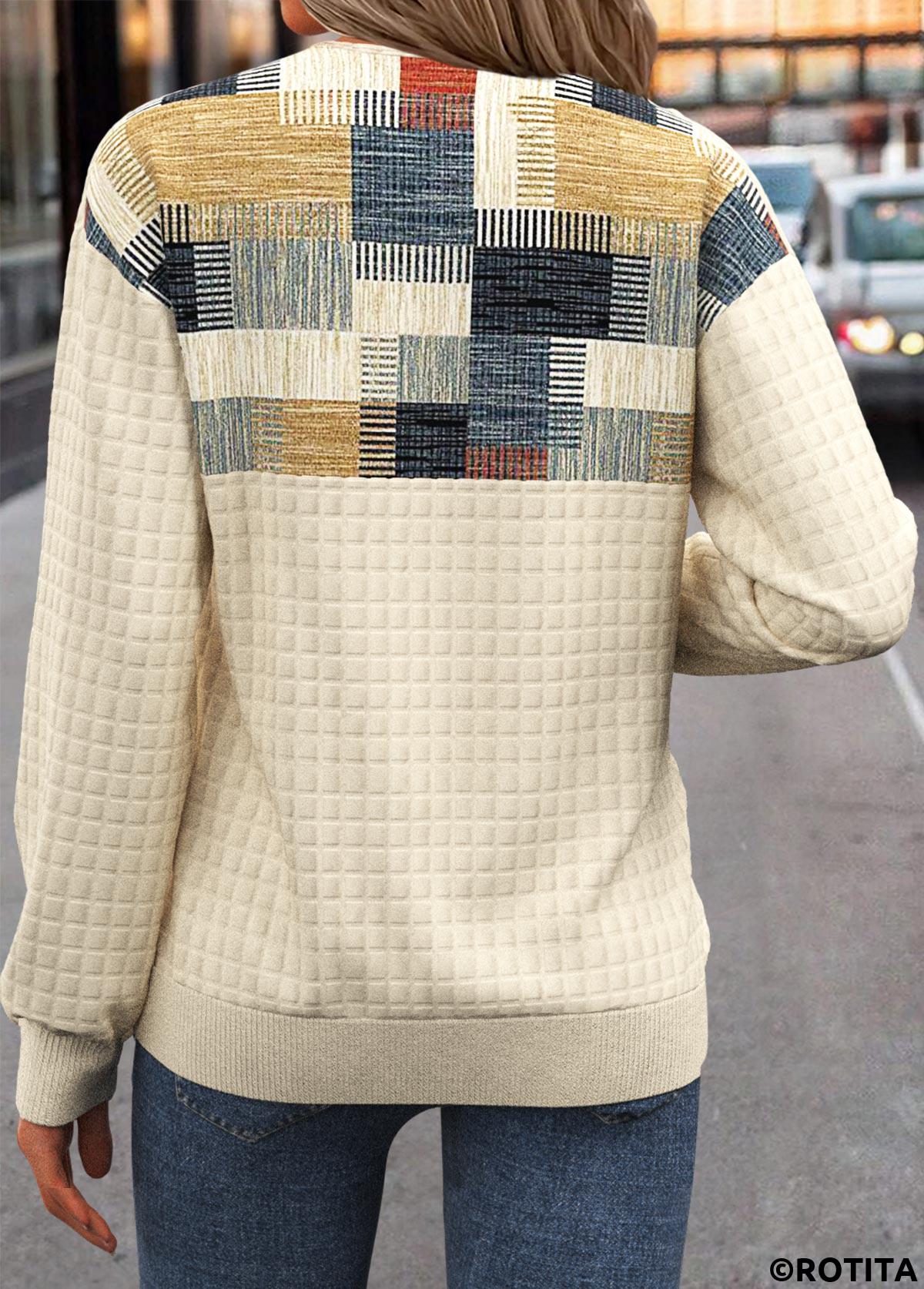 Light Yellow plus size,Geometric plus size,ROTITA Plus Size Button Light Yellow Geometric Print Sweatshirt