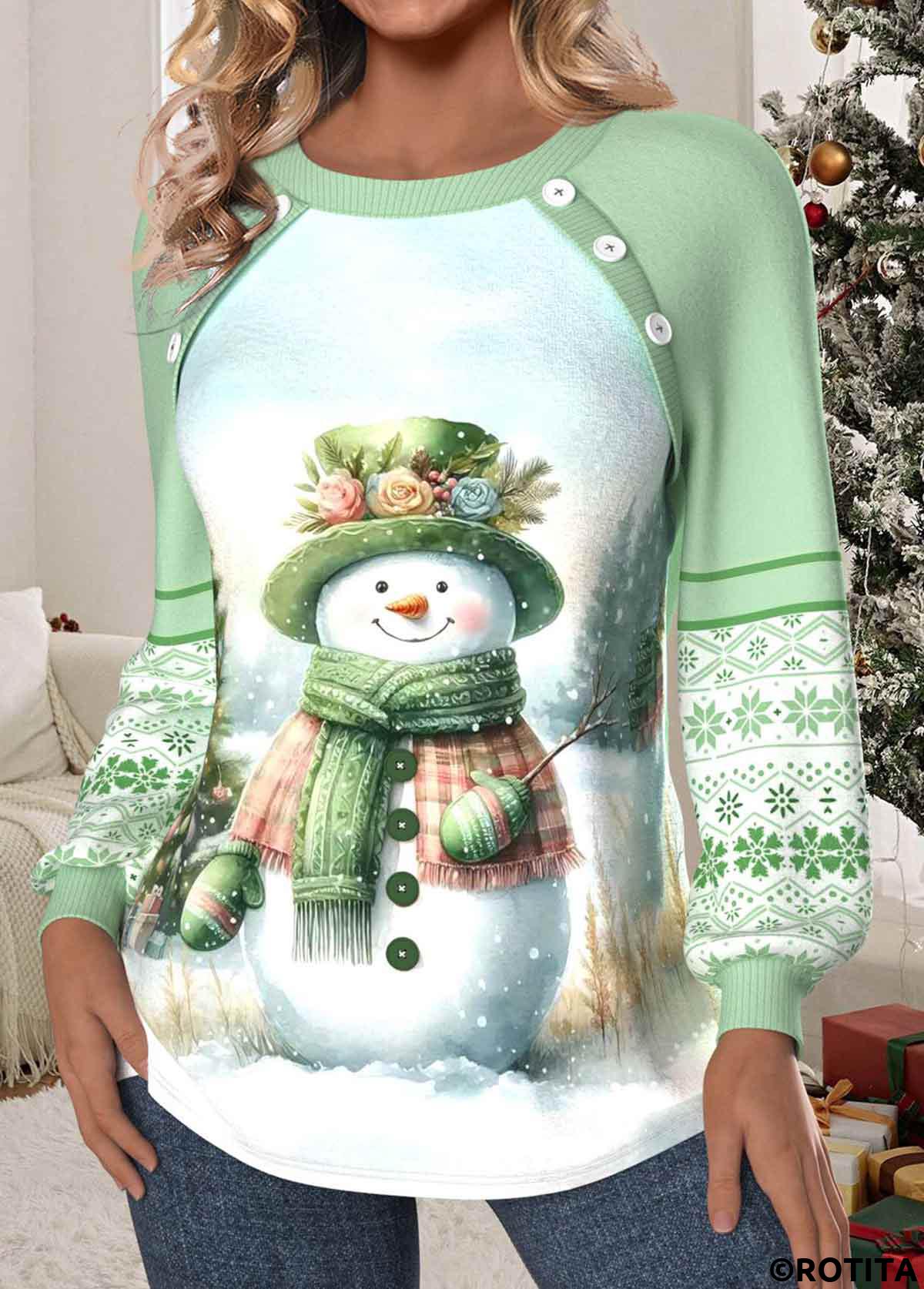Light Green tops,Christmas tops,Geometric tops,Plaid tops,ROTITA Christmas Patchwork Light Green Round Neck Long Sleeve Sweatshirt