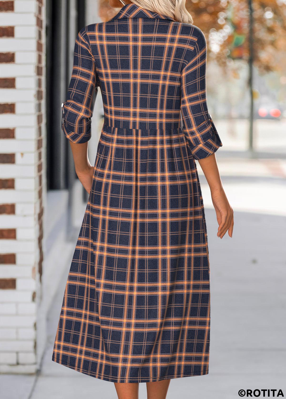 Navy dresses,Geometric dresses,Plaid dresses,Everyday dresses,Casual dresses,ROTITA Button Plaid Navy Shirt Collar Long Sleeve Dress