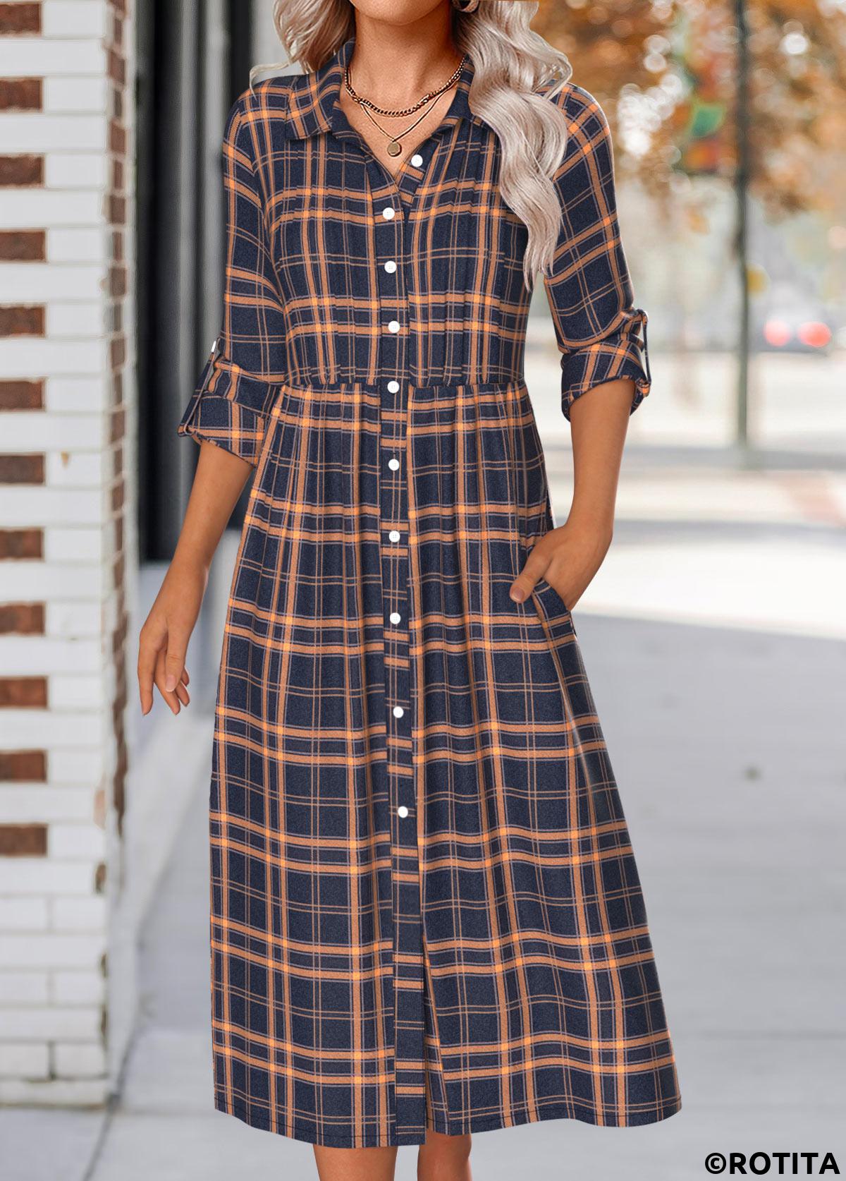 Navy dresses,Geometric dresses,Plaid dresses,Everyday dresses,Casual dresses,ROTITA Button Plaid Navy Shirt Collar Long Sleeve Dress