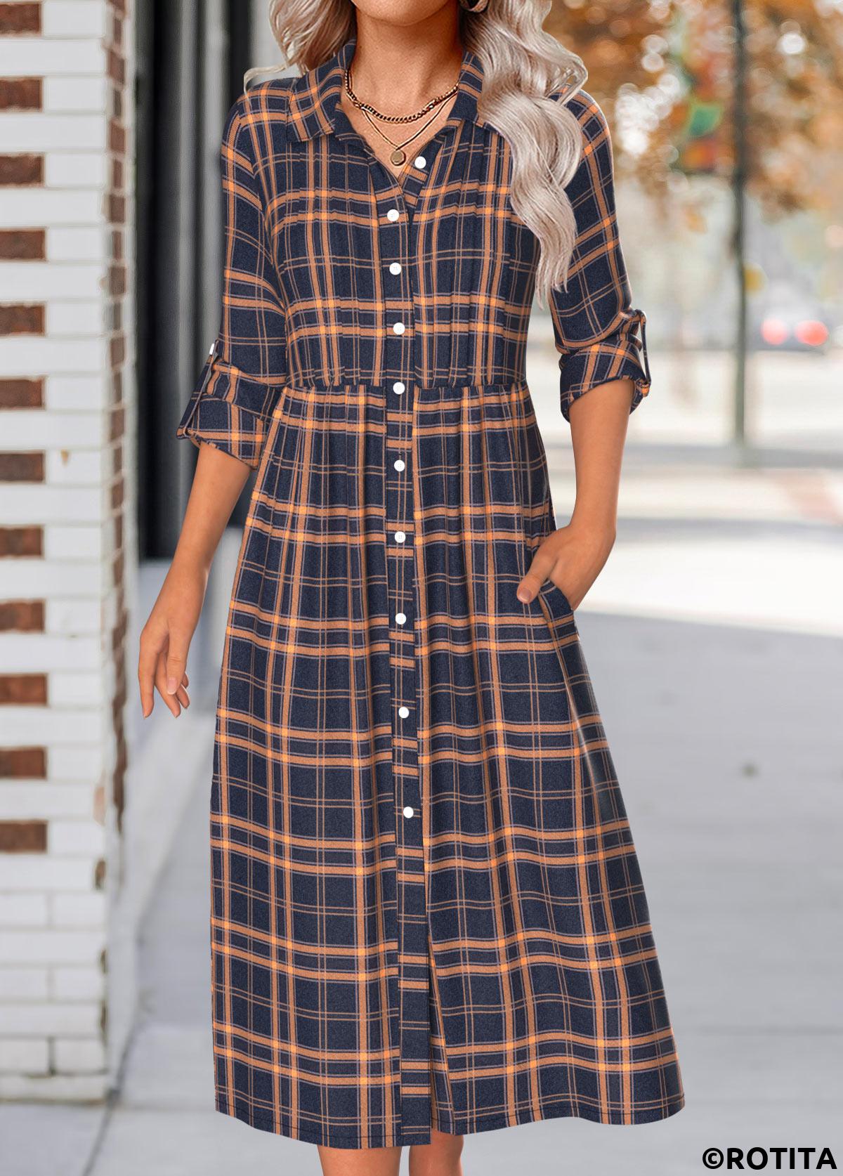 Navy dresses,Geometric dresses,Plaid dresses,Everyday dresses,Casual dresses,ROTITA Button Plaid Navy Shirt Collar Long Sleeve Dress