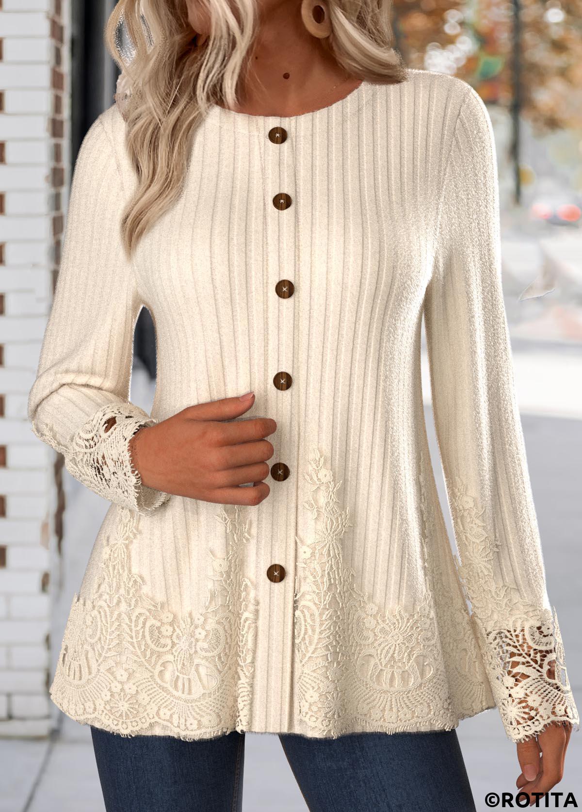 Beige tops,Plain Color tops,ROTITA Plus Size Embroidery Beige Round Neck T Shirt