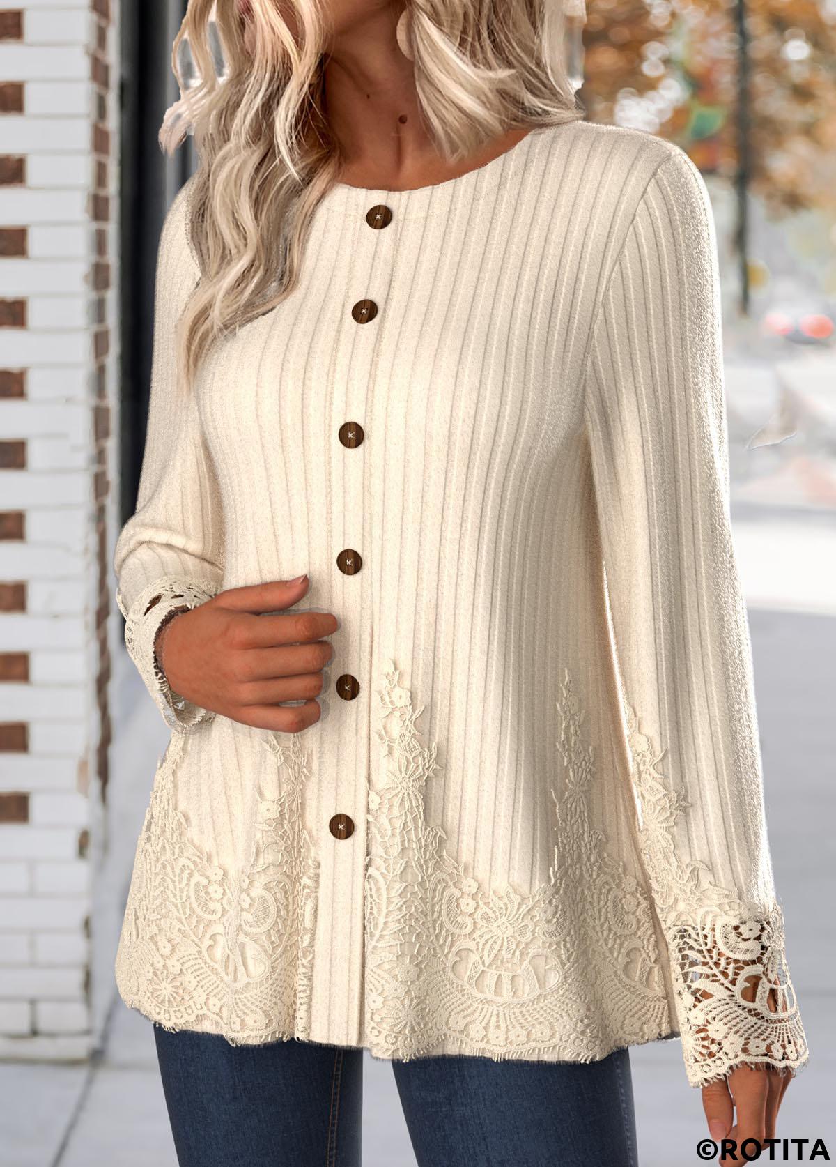 Beige tops,Plain Color tops,ROTITA Plus Size Embroidery Beige Round Neck T Shirt