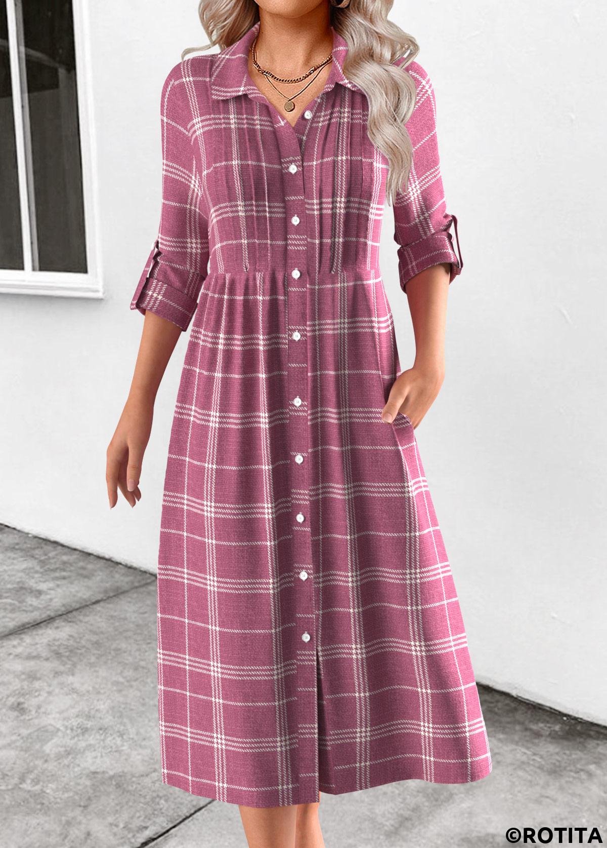 Pink dresses,Plaid dresses,Everyday dresses,Casual dresses,ROTITA Button Plaid Pink Shirt Collar Long Sleeve Dress