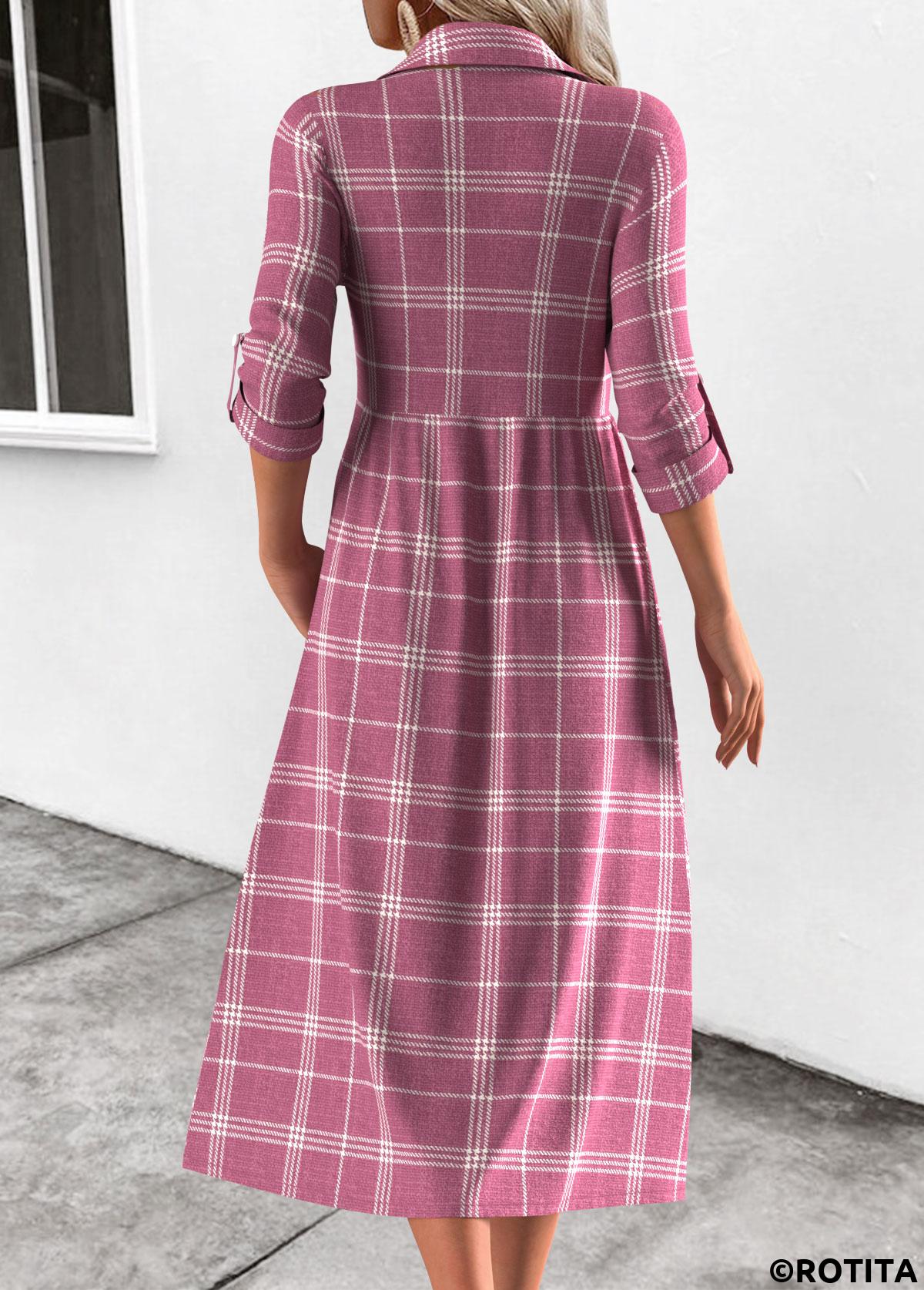 Pink dresses,Plaid dresses,Everyday dresses,Casual dresses,ROTITA Button Plaid Pink Shirt Collar Long Sleeve Dress