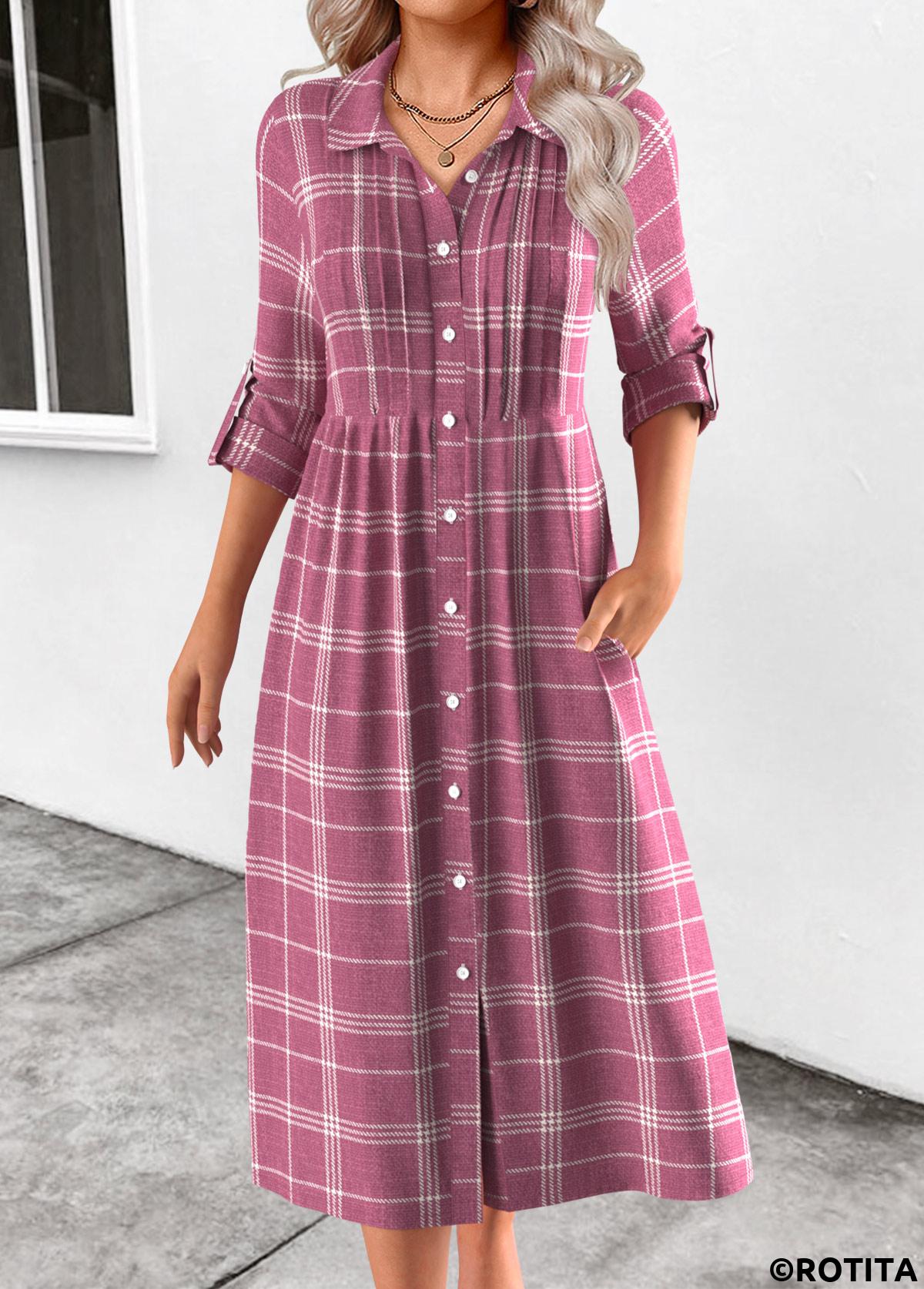 Pink dresses,Plaid dresses,Everyday dresses,Casual dresses,ROTITA Button Plaid Pink Shirt Collar Long Sleeve Dress