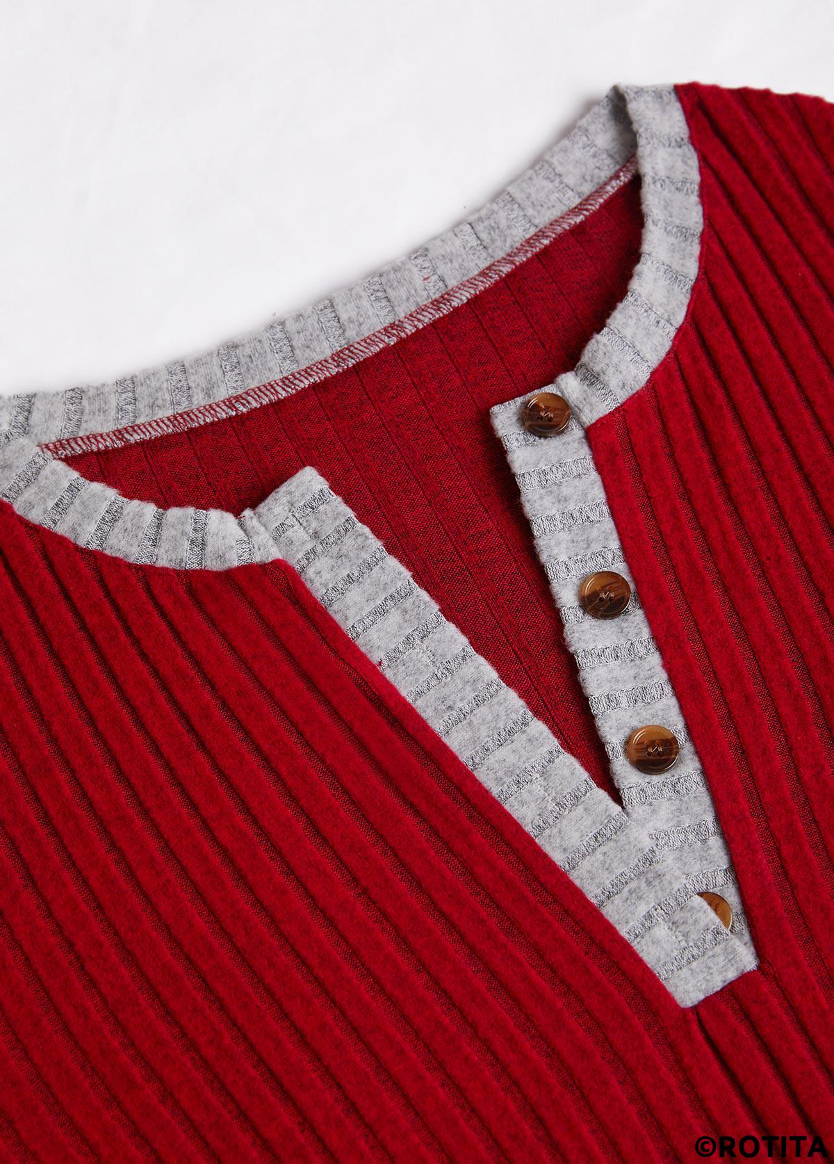 Wine Red tops,Contrast Color tops,ROTITA Button Wine Red Split Neck Long Sleeve Sweatshirt