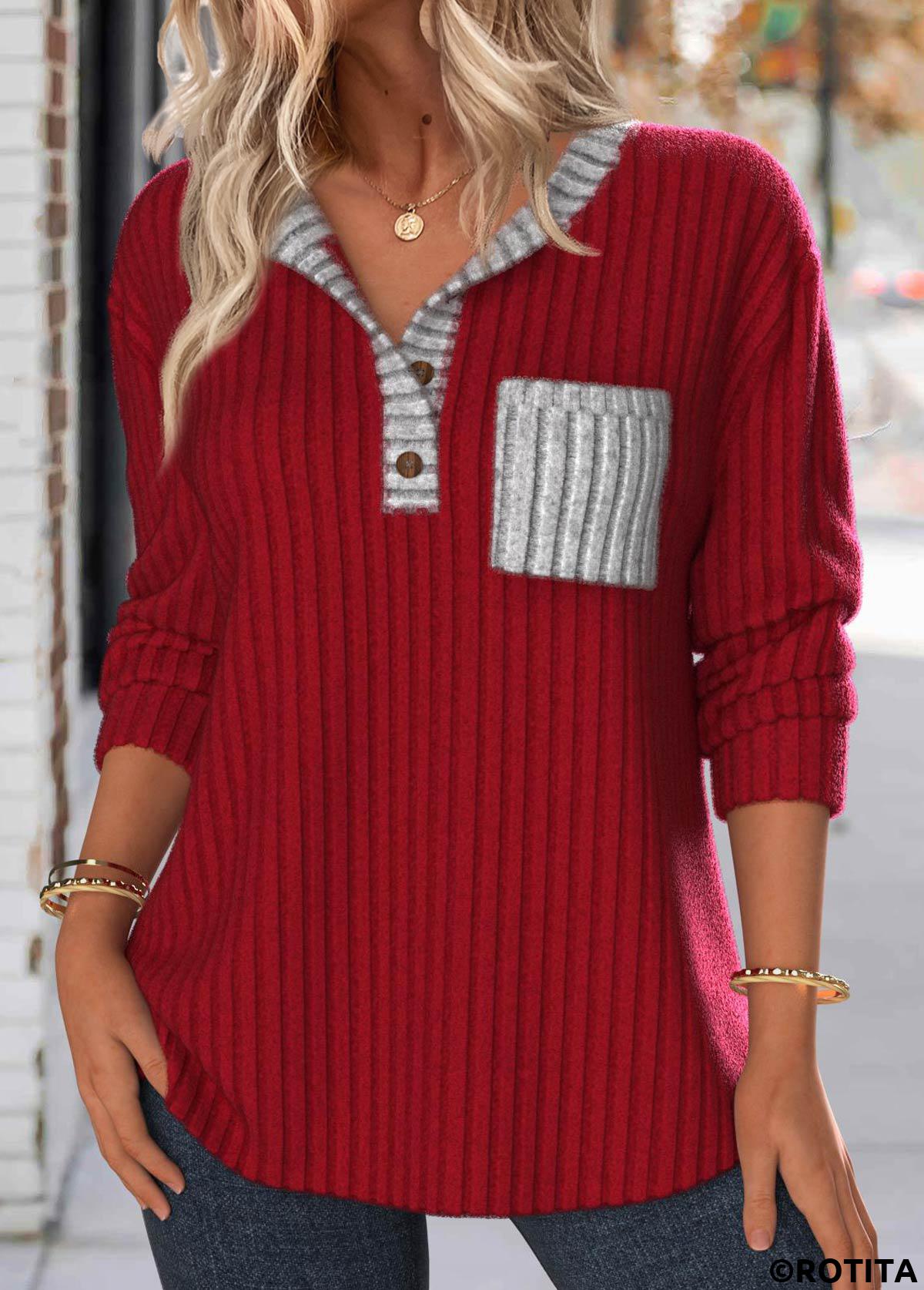 Wine Red tops,Contrast Color tops,ROTITA Button Wine Red Split Neck Long Sleeve Sweatshirt