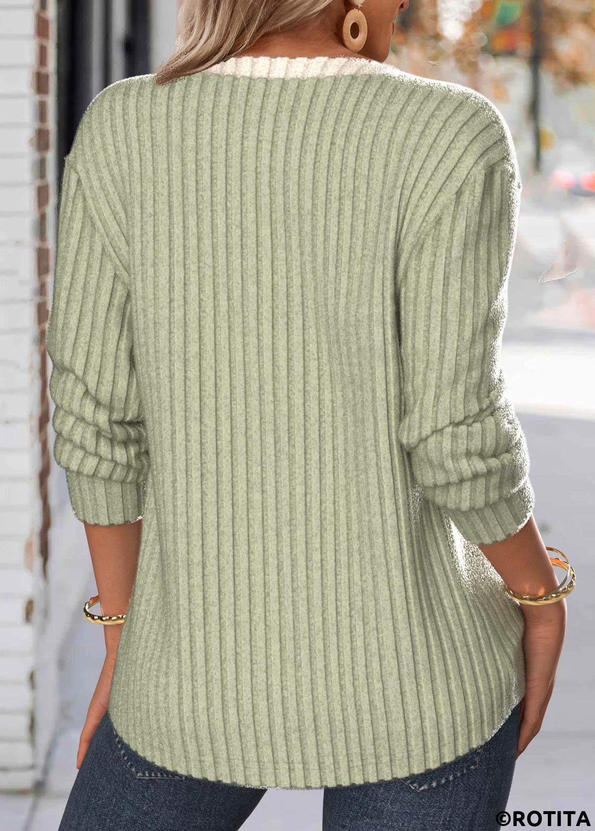 Sage Green tops,Contrast Color tops,ROTITA Patchwork Sage Green Split Neck Long Sleeve Sweatshirt