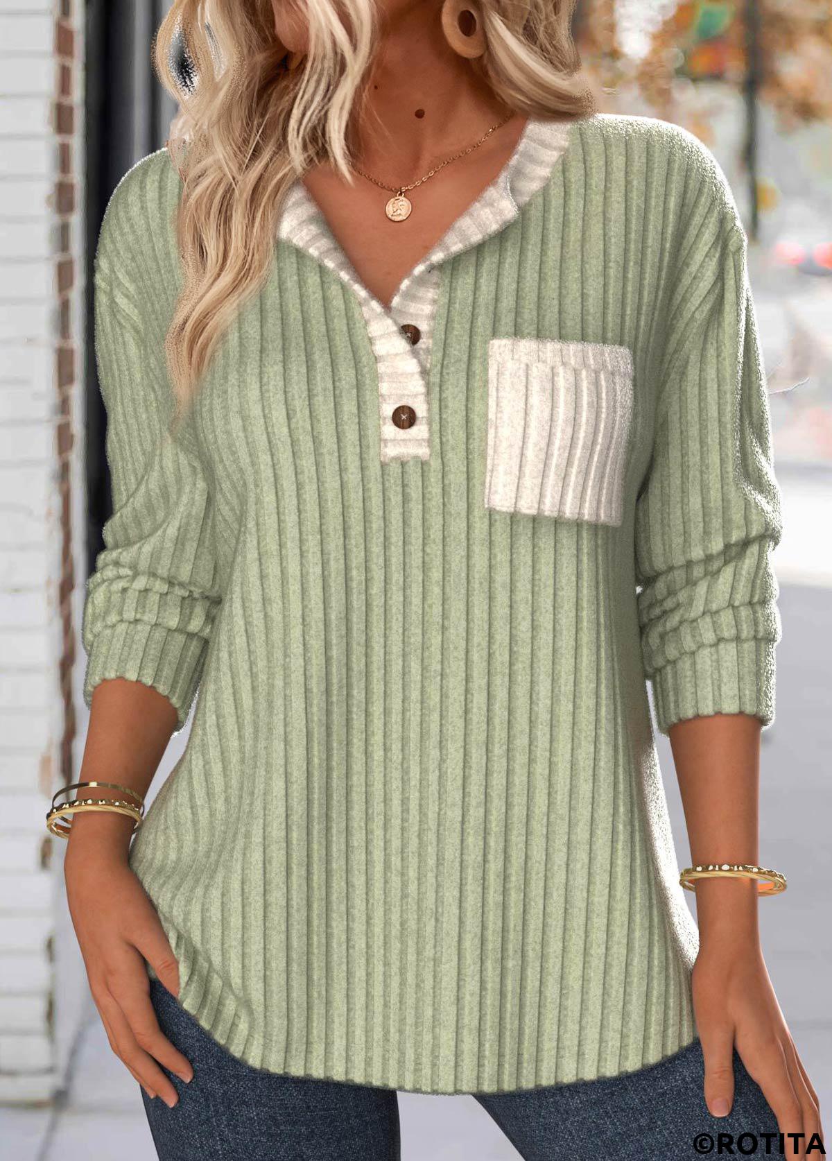Sage Green tops,Contrast Color tops,ROTITA Patchwork Sage Green Split Neck Long Sleeve Sweatshirt